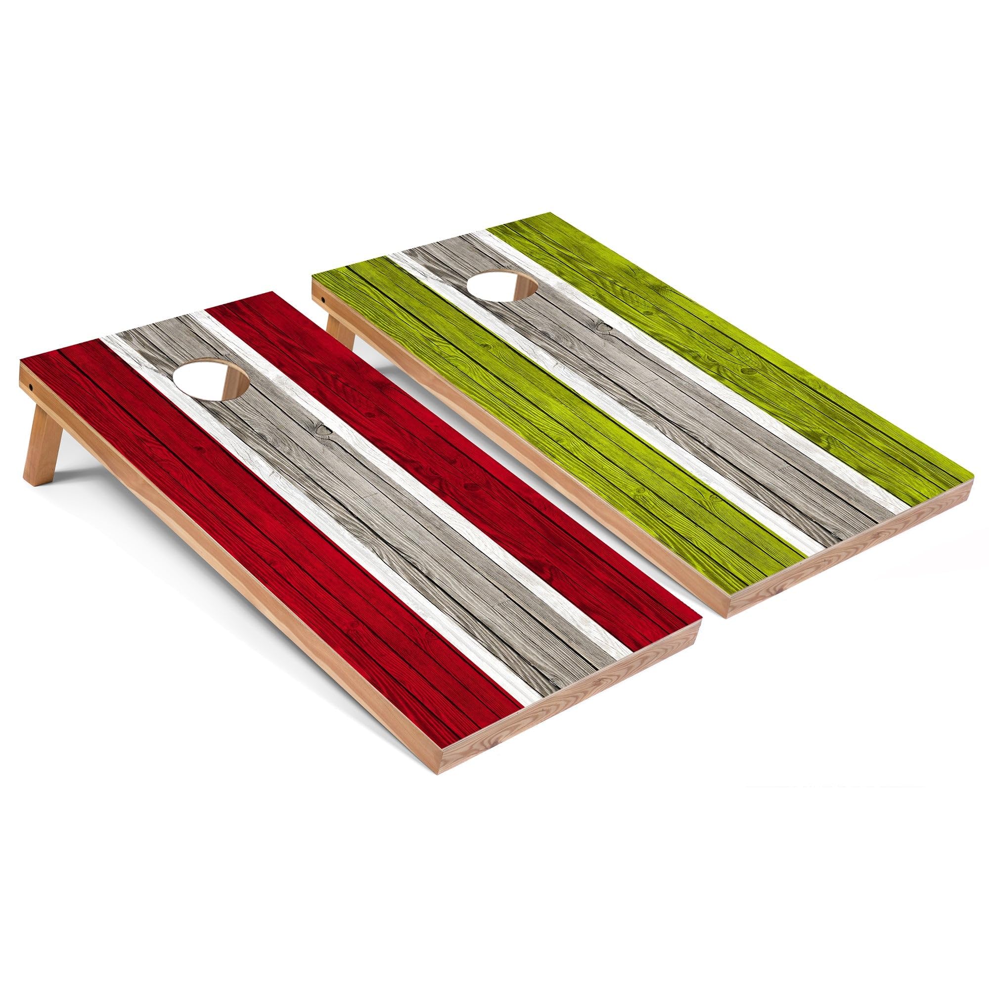 Skip's Garage Red and Lime Striped All-Weather Cornhole Boards - PVC - Include CASE + Edge Lights