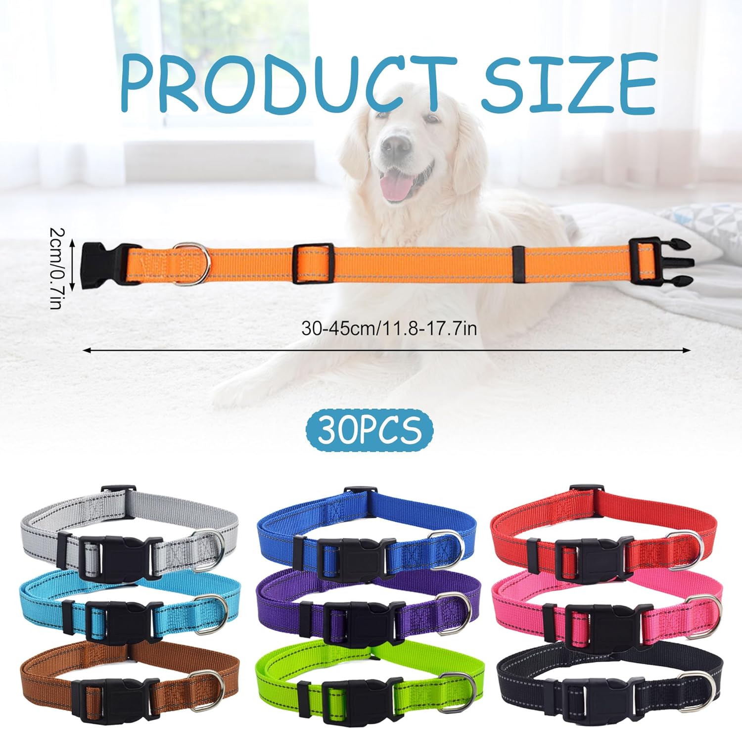 30 Pcs Reflective Dog Collar Bulk Adjustable Nylon Puppy Collar for Small Medium Girl and Boy Dogs Large Dogs Multiple Pet with Quick Release Buckle for PET Travel Walk Daily (Medium, 10 Colors)