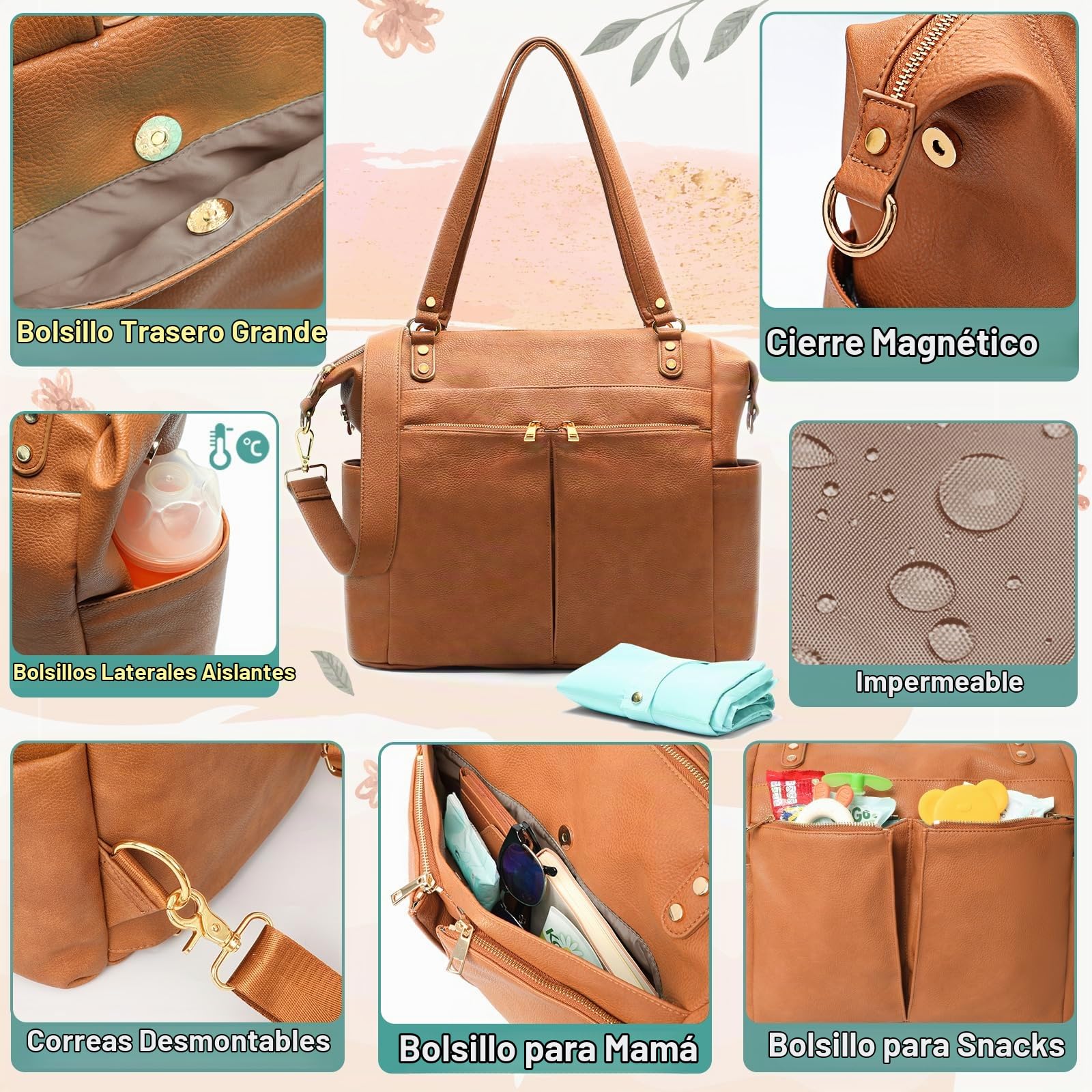 Bolso cambiador Mochila Bolsa de bebé Bolsa de pañales de cuero Bolsa de hospital de maternidad para mamá y papá