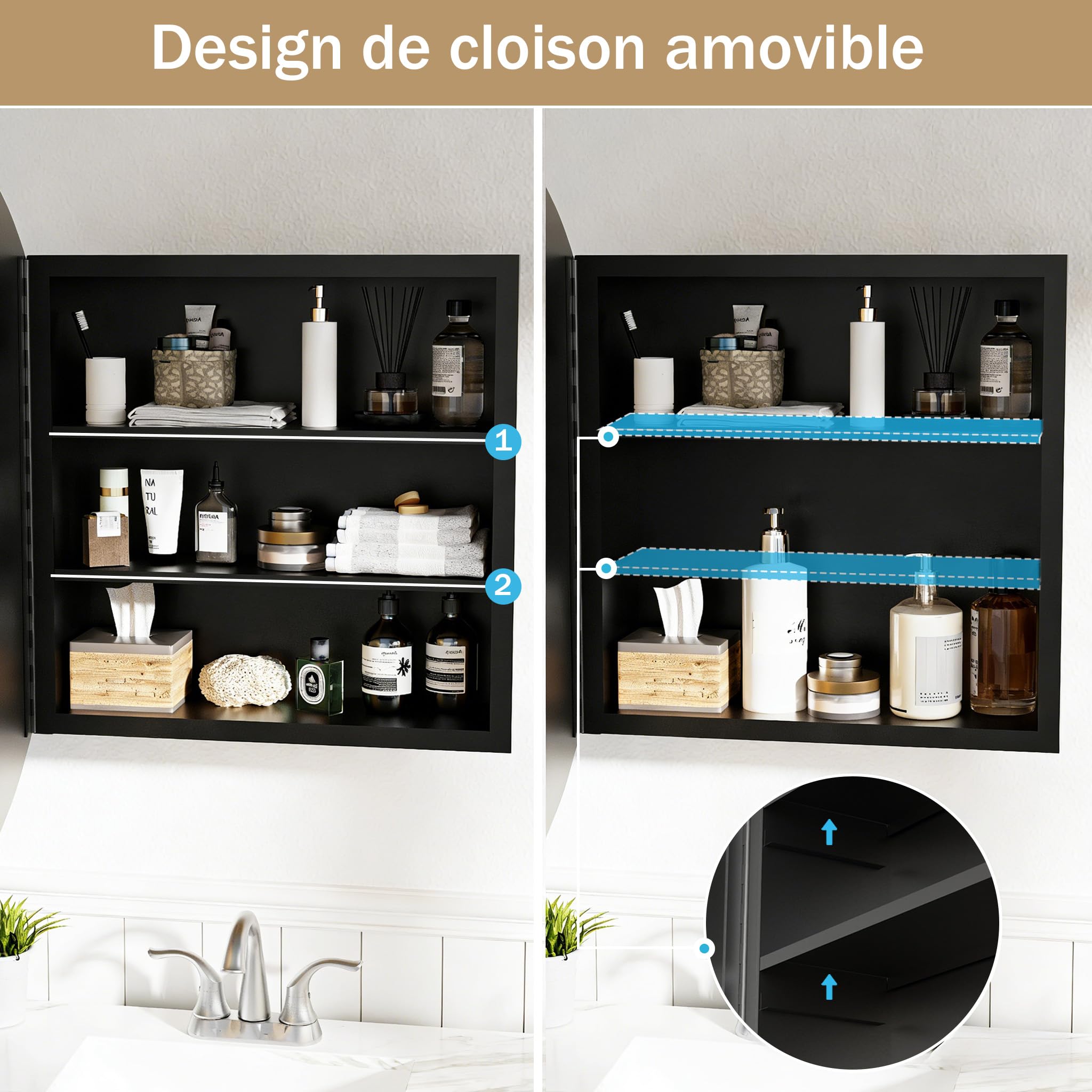 Armoire Salle de Bain avec Miroir Murale Arrondi Métal Armoire de Toilette Miroir avec 2 Étagère Noir (Aucun Assemblage requis) 52x52x12.5 cm