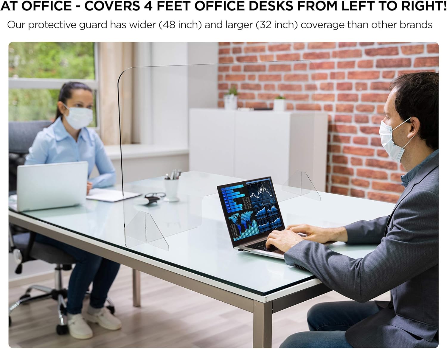 flybold Sneeze Guard for Desk Plexiglass Sheet - Barrier for Counter Acrylic Desk Divider - 92% Transparency Anti Fade Plastic Protective Shields for Office Furniture Partitions 48 X 32