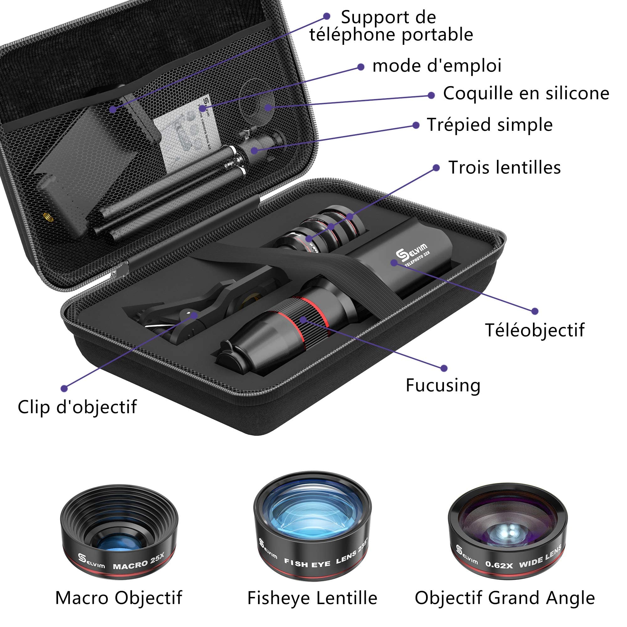 Selvim Objectif Smartphone Téléphone Caméra Lentille Portable Kit Caméra 22X Téléobjectif, 235° Fisheye, 25X Macro Objectif, 0.62X Objectif Grand Angle pour Plupart iPhone, Huawei, Samsung