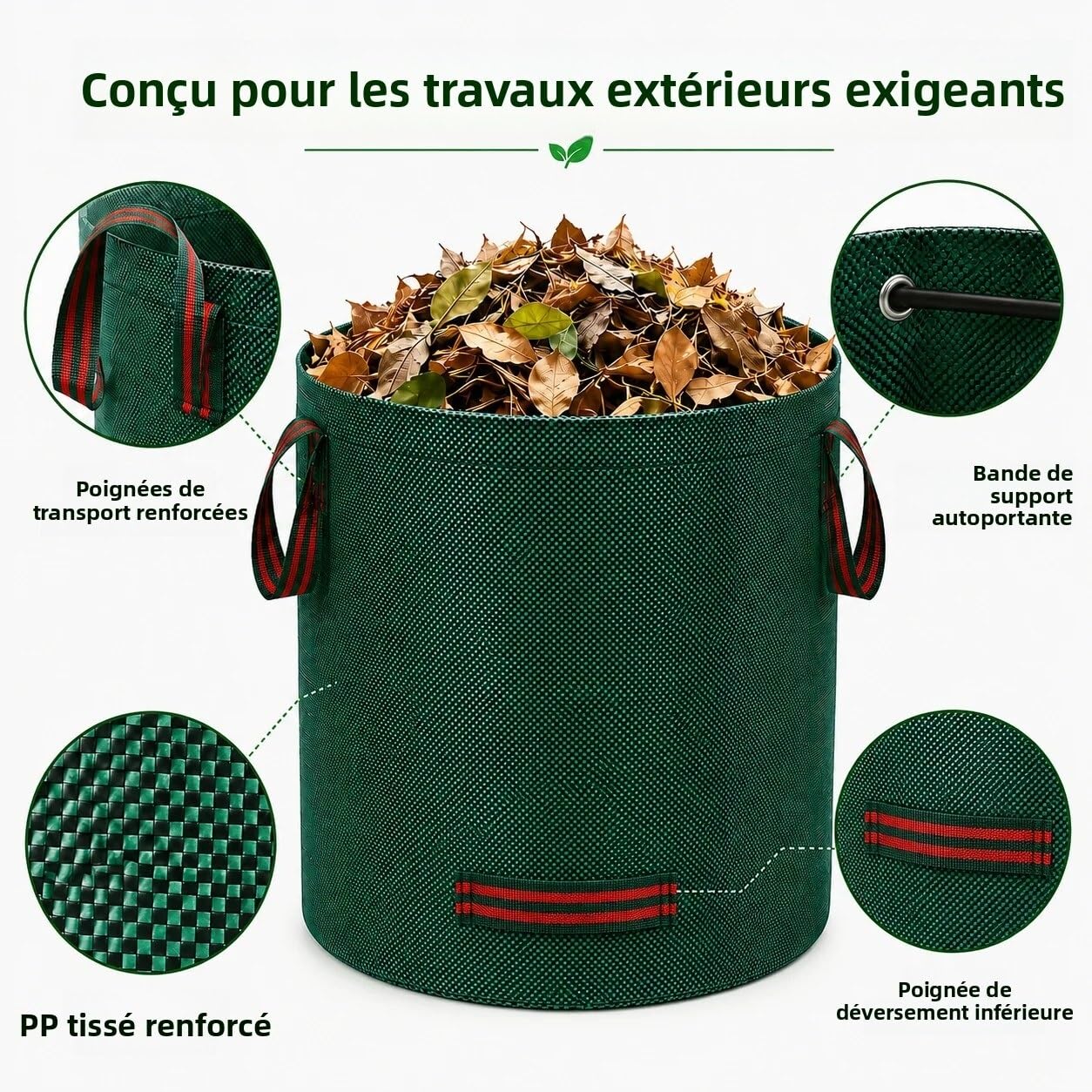 Sac à feuilles de jardin, grande capacité, réutilisable, tissé en PP, déchets pour d'herbe Sac jardin feuilles
