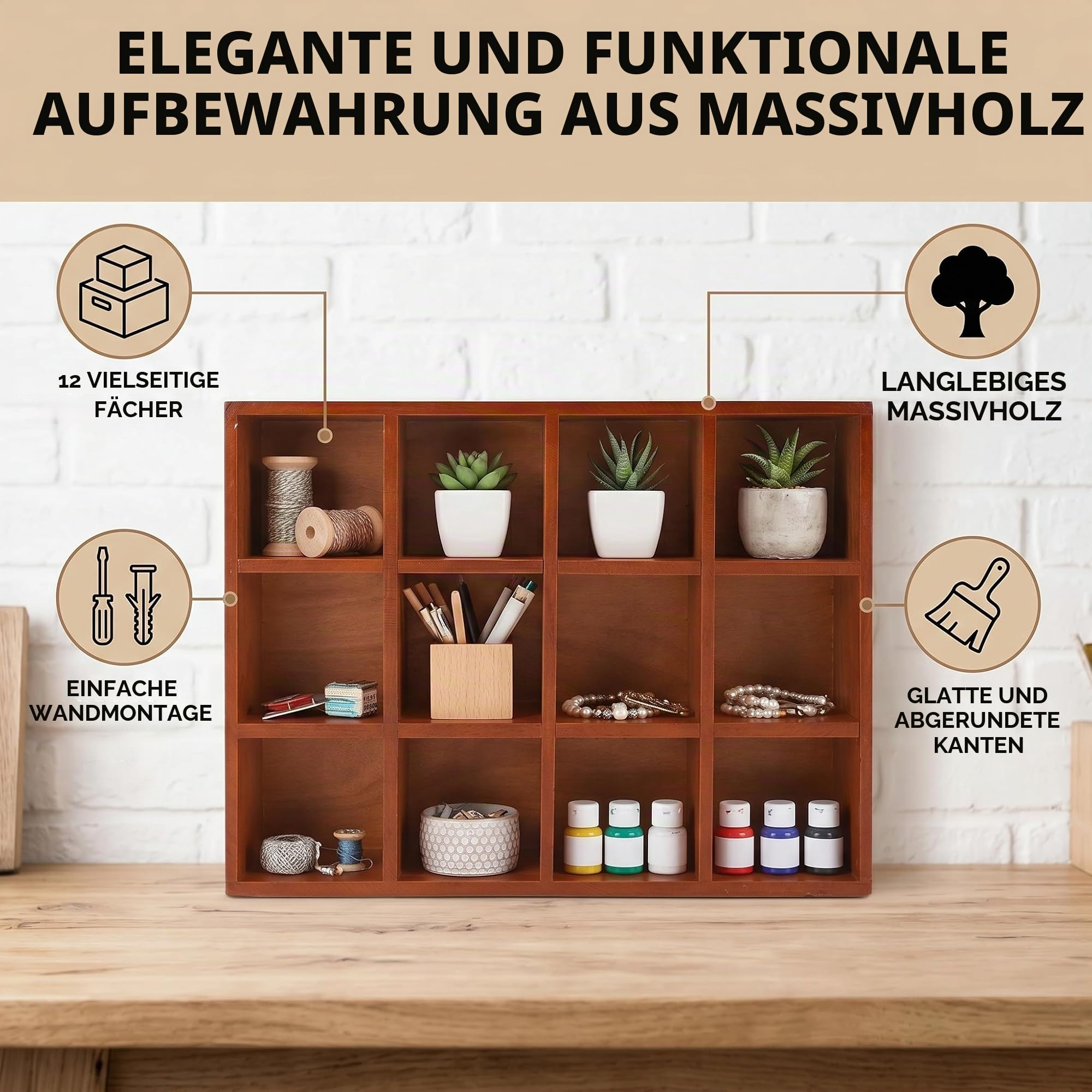 HEEPDD Holz-Wandregal, Vintage-Design mit 12 Fächern und glänzenden Kanten, stabiles Tassenregal für Sammlerfiguren, Tassen und Deko – ideal für Wohnzimmer, Küche, Büro und Geschenke