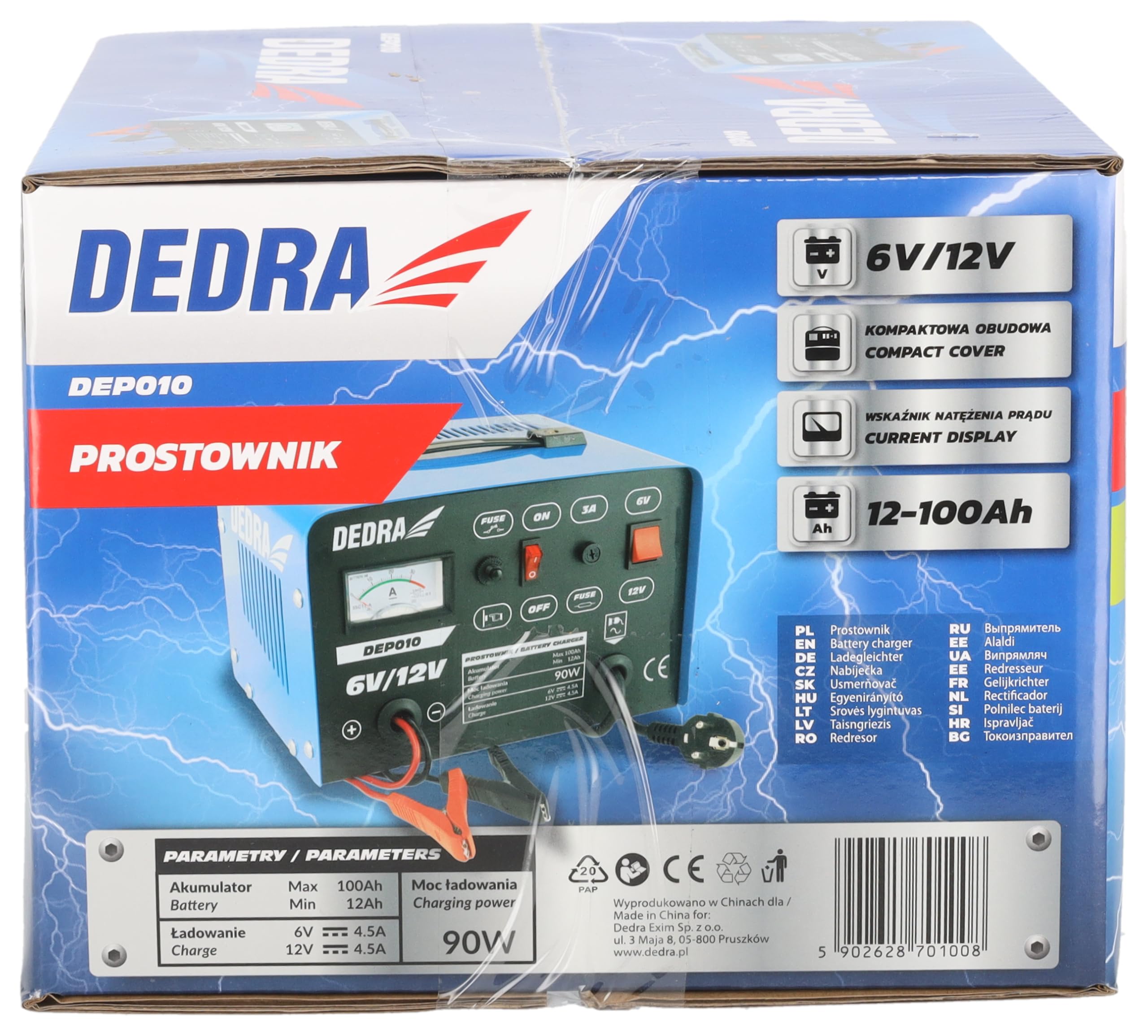 Prostownik, falownik DEDRA 6/12 V moc 12-100 Ah, moc ładowania 90 W, z funkcją wyświetlania prądu, ochrona 3A, długość kabla do ładowania akumulatora: 120 cm,