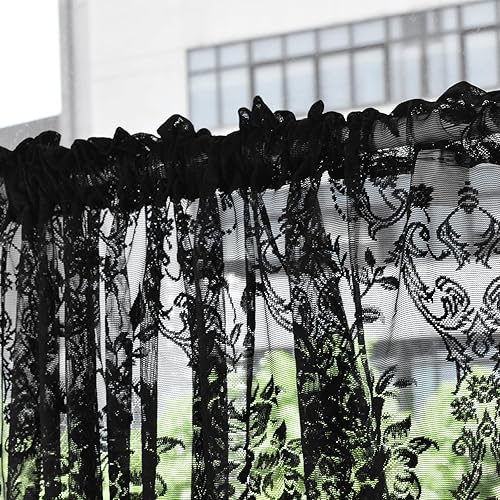 Miniatura 4 de Homey Cenefa de tratamiento de ventana con diseño de flores rosas bordadas y hojas de vid, ideal para cocina, dormitorio (negro, 52 pulgadas de