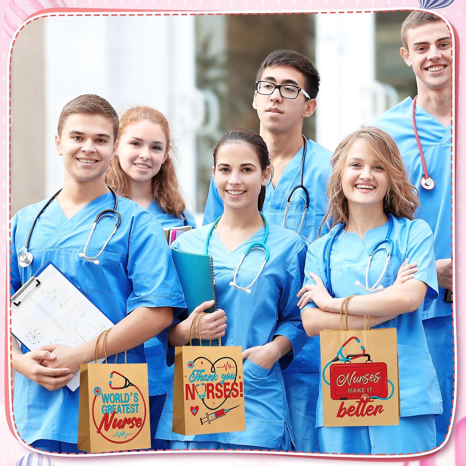 48pcs Nurses Week Gift Bulk Bags, Thank You Nurse Craft Paper Gift Bags, Best Nurse Ever Brown Goodies Bag With 8 Patterns for Nurses Week Nursing Day Medical RN Graduation Party Supplies 9 x 7 x 3 Inch