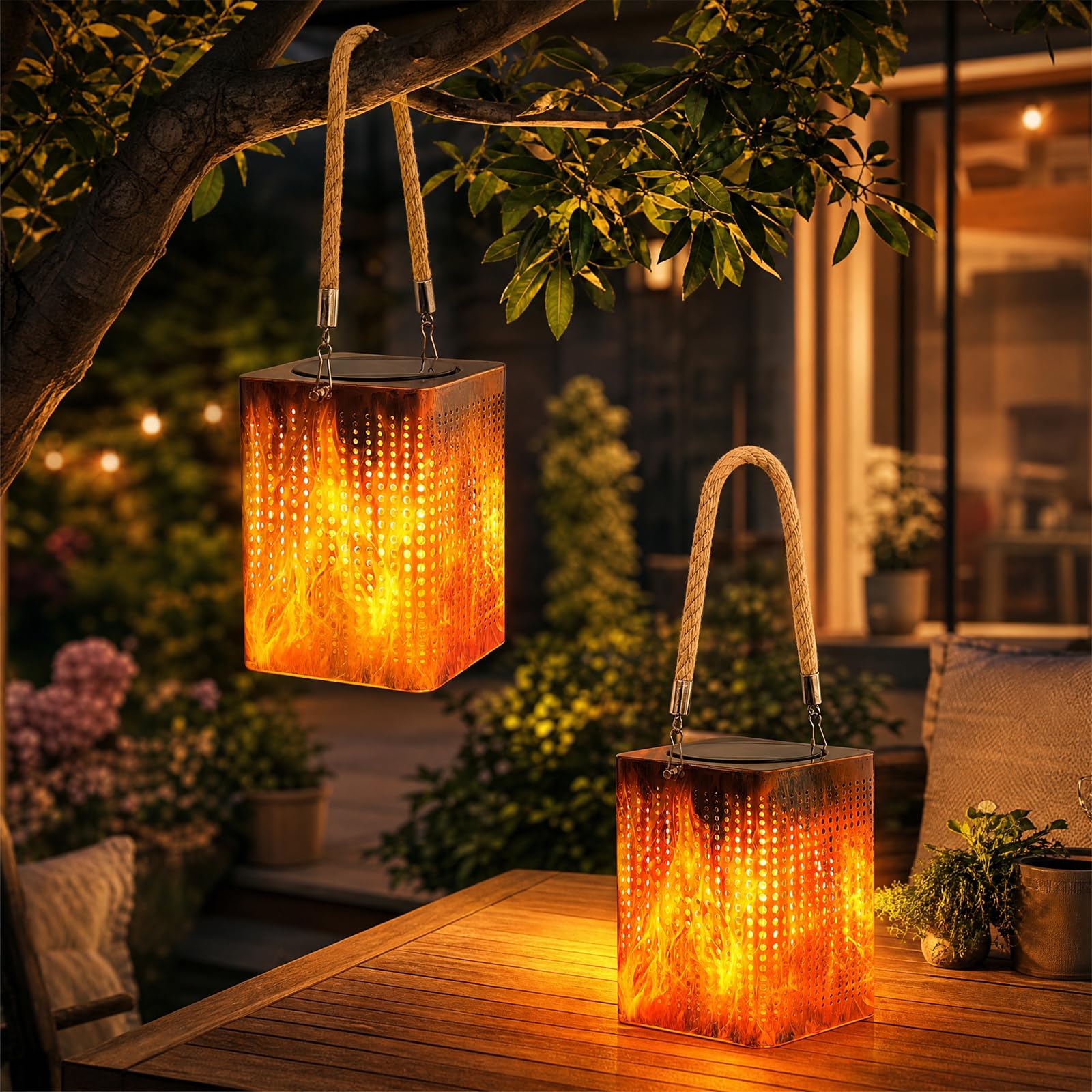 Lanterna a fiamma solare per esterni, impermeabile, confezione da 2 luci solari con effetto fiamma tremolante, IP65, resistenti alle intemperie, lanterne LED per giardino, patio, portico, balcone