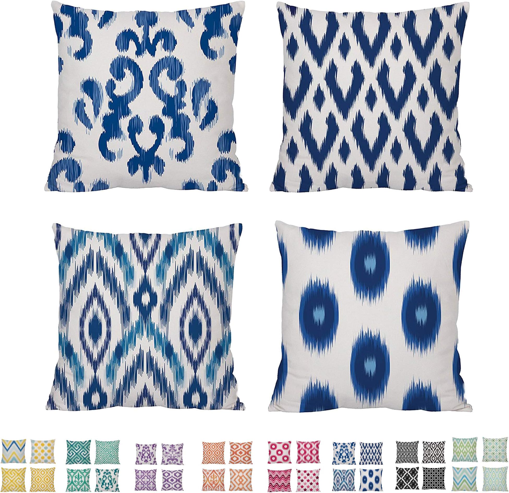 Comoco- 4 Pcs Color Coordinated Geometric Digital Printing Cotton Linen Throw Pillow Case Decorative Pillowcase Cushion Cover 17.75 X 17.75 Inch 45 X 45 Cm -(Navy Blue)