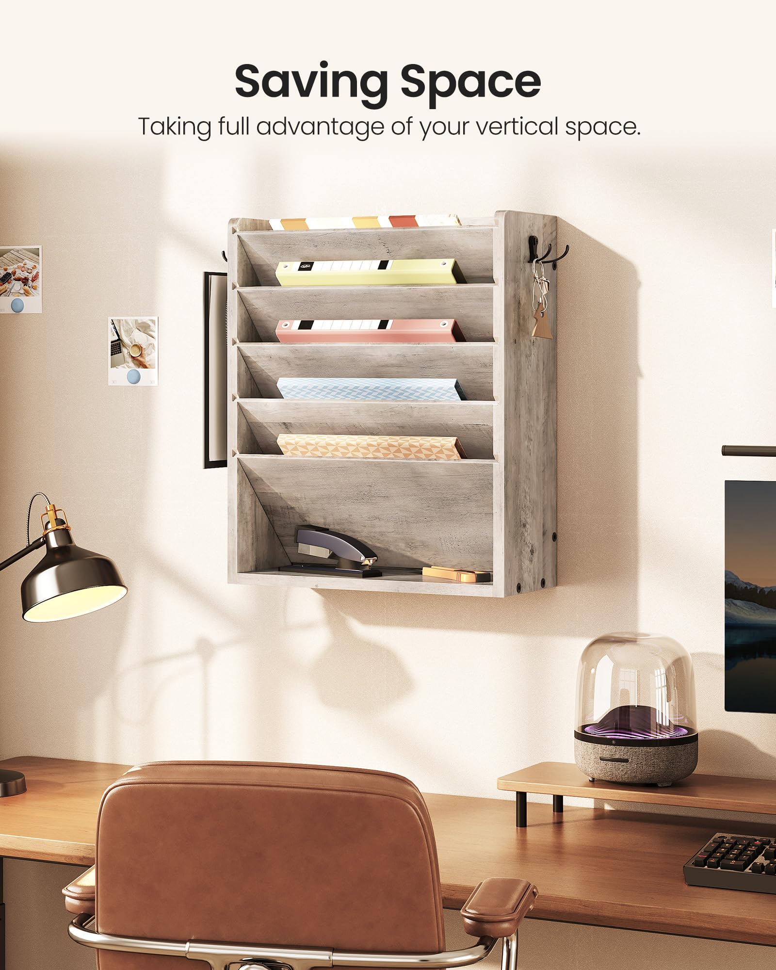 CHOEZON Porte-Documents mural 6 niveaux Organisateur magazines bois d’ingénierie avec crochets Gris