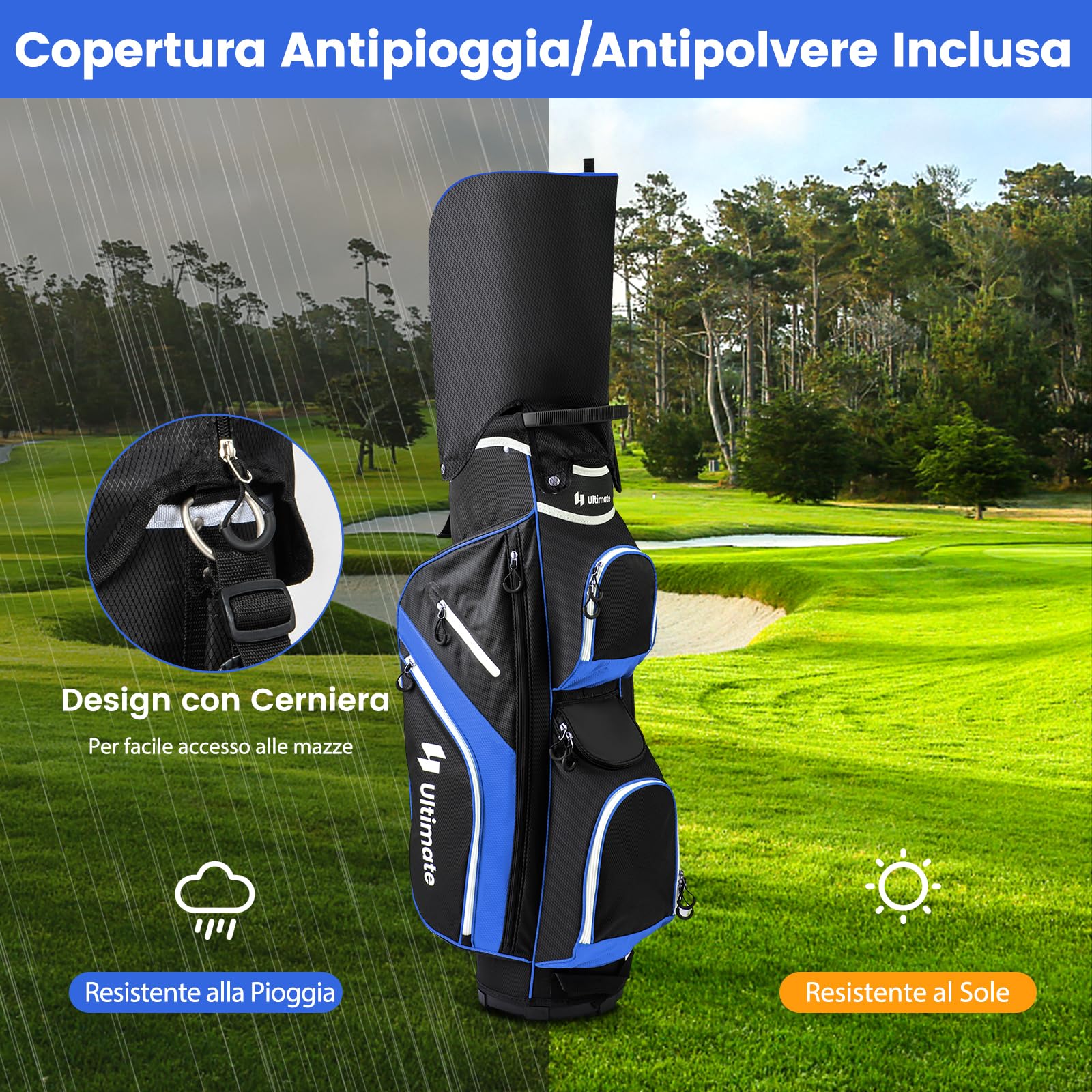 COSTWAY Borsa da Golf con Divisori Superiori a 14 Vie, 9 Tasche, Tasca Termica, Tasca per Scarpe, Porta Ombrello, Doppia Tracolla e Cappuccio Antipioggia, Sacca da Golf per Uomo e Donna