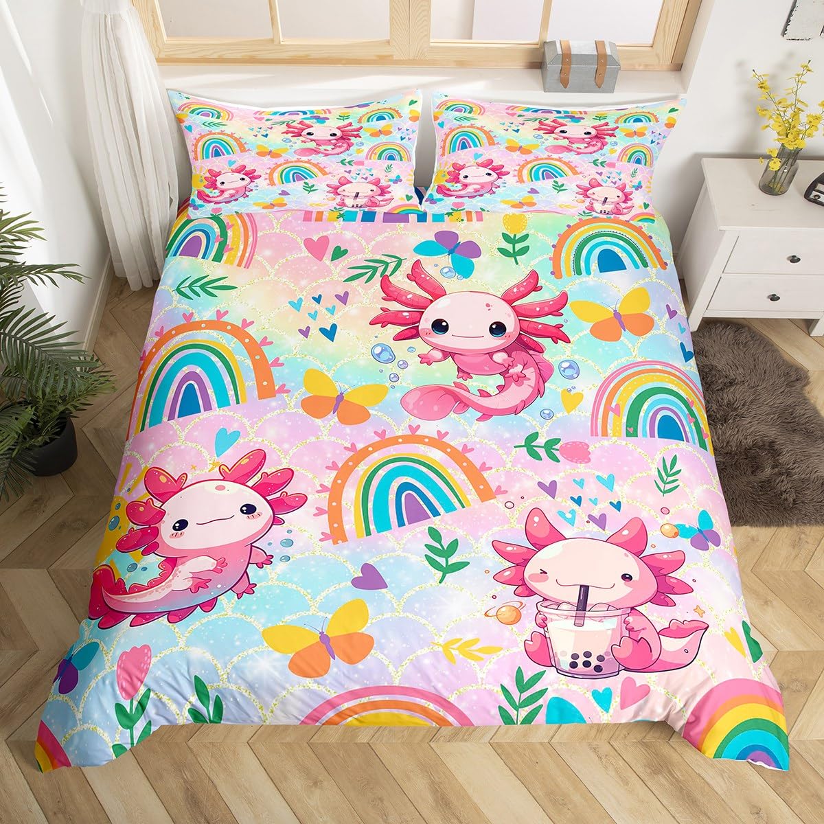 Loussiesd Nette Axolotl Bettwäsche Set 135x200cm für Kinder Jungen Mädchen Regenbogen und Schmetterlinge Bettbezug Set Cartoon Salamander Bettwäsche Betten Set Schlafzimmer