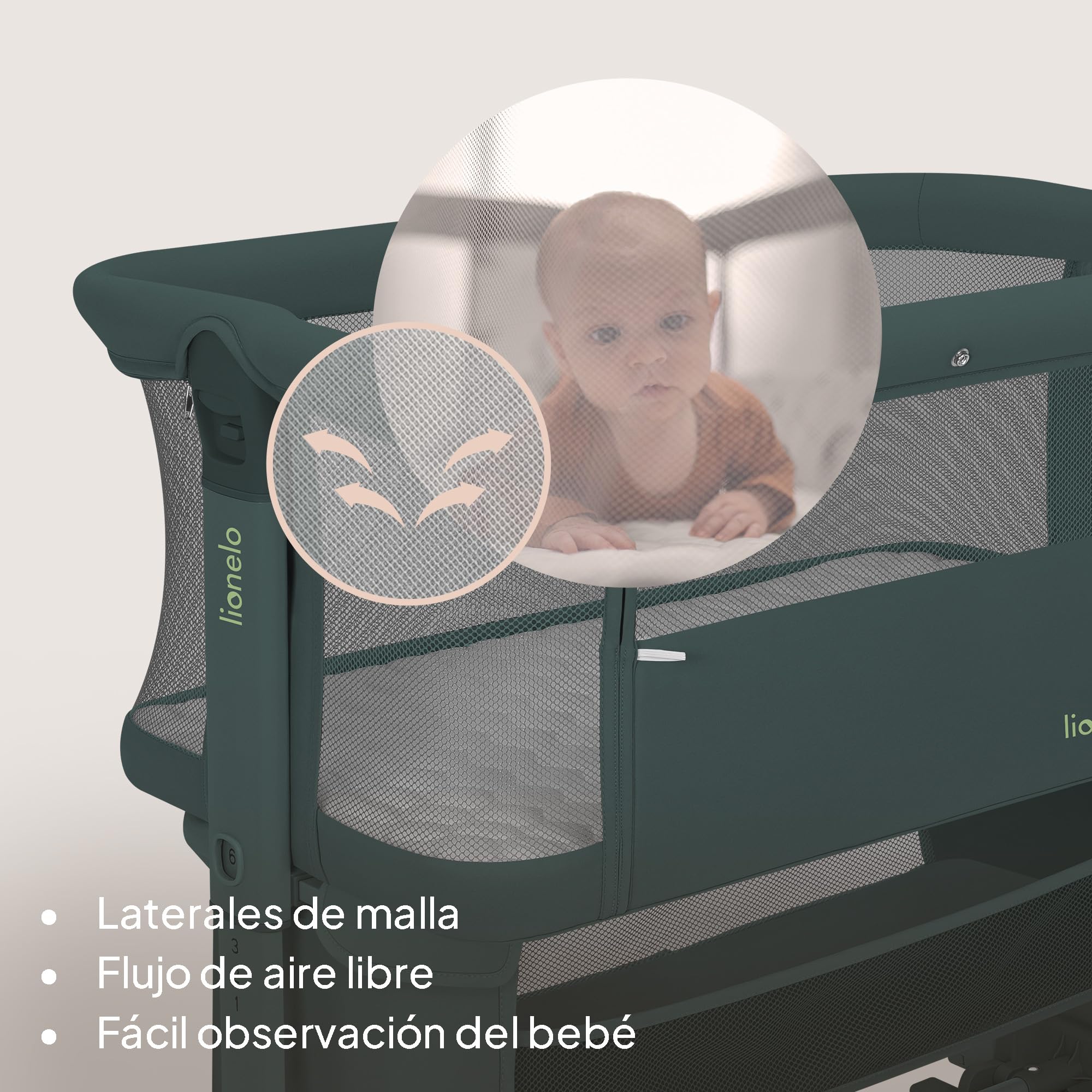 lionelo Jodie Cuna 3 en 1 hasta 9 kg, Cuna de colecho, Cama Mecedora, Ajuste de Altura e inclinación del colchón, 4 Ruedas con Freno, Colchón Ergonómico, Malla Transpirable, Bolsa, Mosquitera
