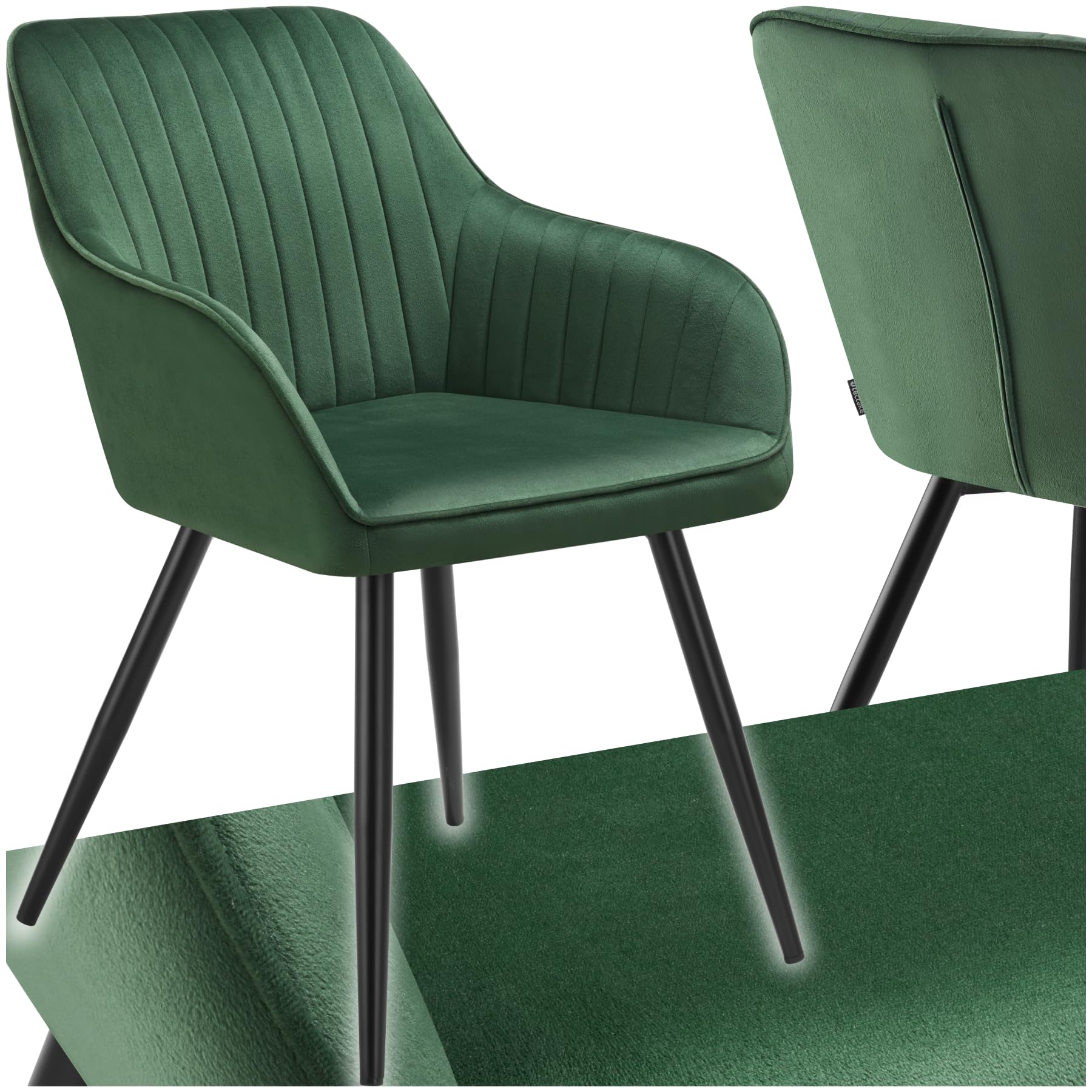 tectake® Sedie da Pranzo Effetto Velluto Trapuntato, Elegante, Imbottitura Schiuma Alta Densità, Gambe in Acciaio, Montaggio Semplice - Verde Scuro/Nero, 1 Sedia