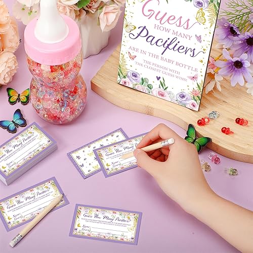 Miniatura 5 de Syhood Butterfly Baby Shower Games Guess How Many Chupetes Cartel de juego 50 pequeños juegos de adivinanzas, 20 lápices HB, botella de leche de