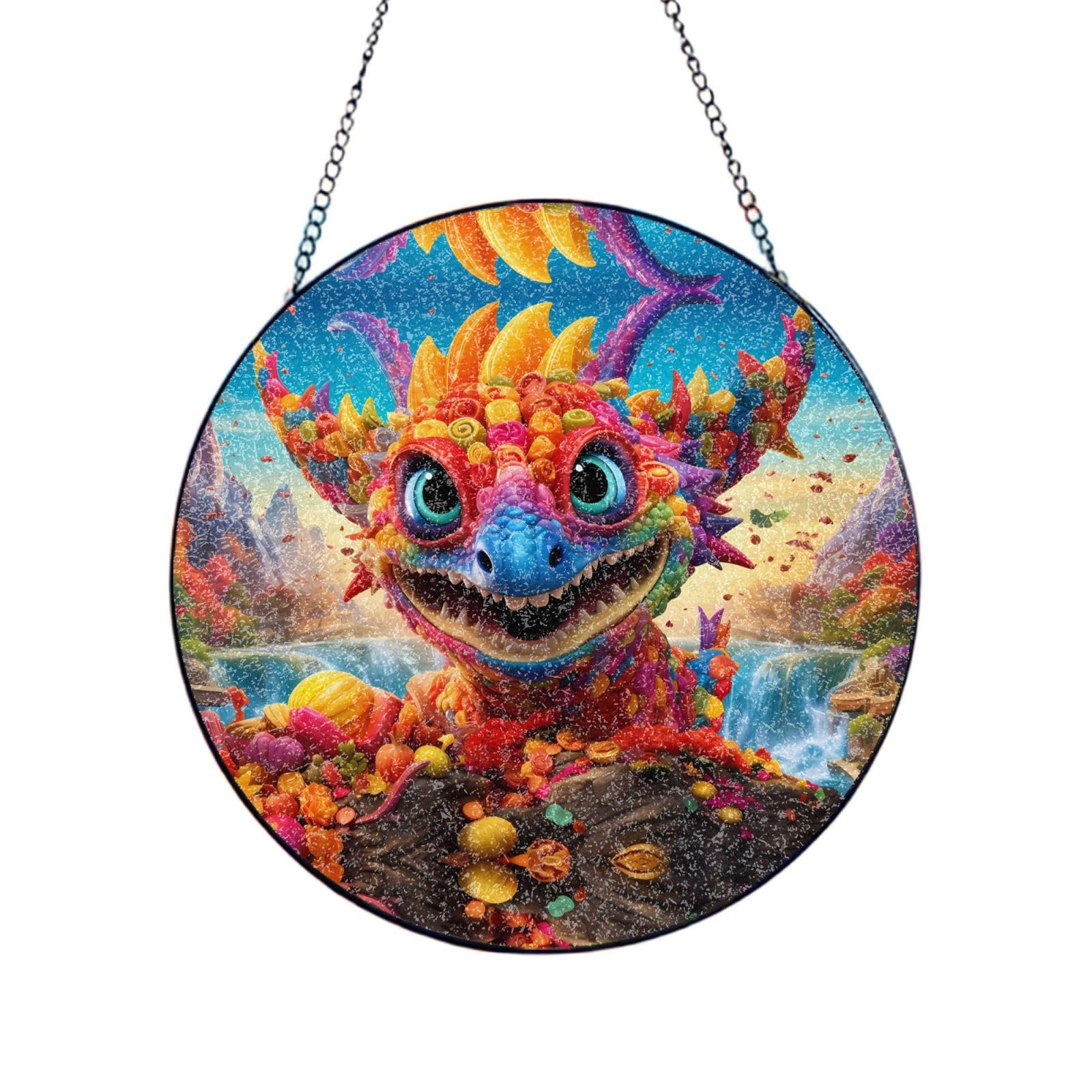 Phayah Big Mouth Dragon Print Glass Window Hanging Round Suncatcher Glass Ornament Garden Wall Fence Decorations Indoor Outdoor 6in（15cm）