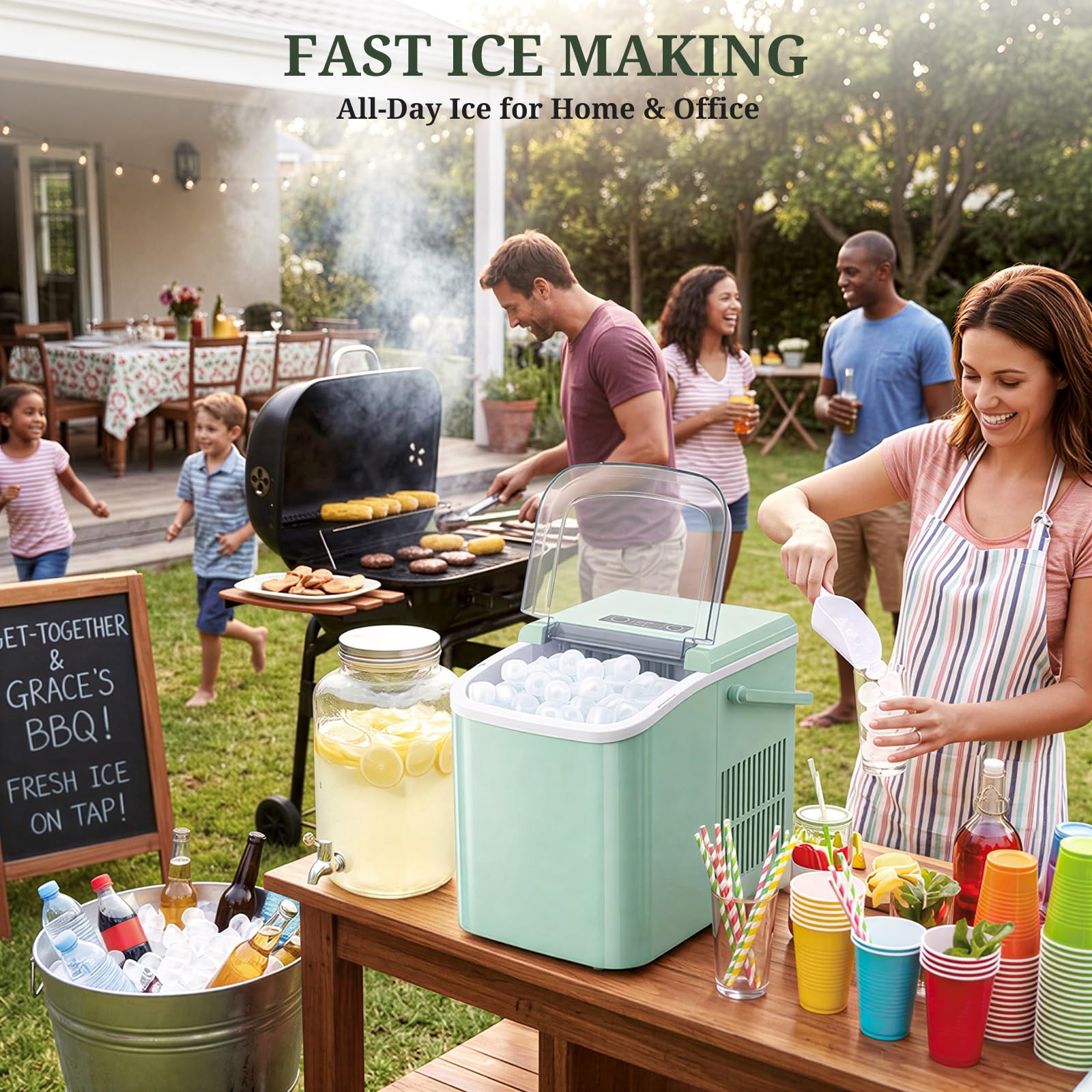 Ice Maker, Portable Ice Makers Countertop With Handle, Basket & Scoop, 26lbs/24hrs, 9 Bullet Ice Cubes In 6 Mins, 2 Ice Sizes, Self-Cleaning, Quiet Compact Ice Machine For Home Kitchen Party, Green on Fridge.com - View 2