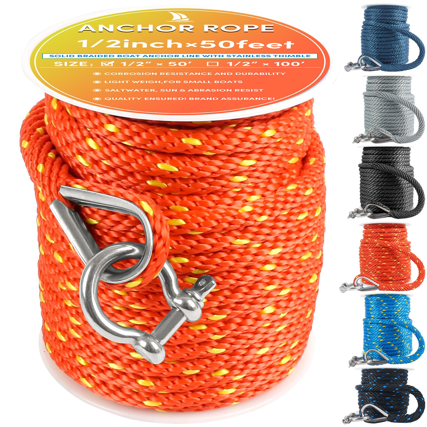Premium Anchor Rope 50 ft x 1/2 inch, Solid Braid MFP Anchor Line Boat Rope with Thimble & Shackle - Orange/Yellow
