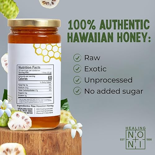 Miniatura 3 de Healing Noni - 1 tarro de vidrio de 18 onzas - Miel hawaiana 100% pura - Fruta fresca sin azúcar totalmente natural - Farm Direct - Certificado USDA