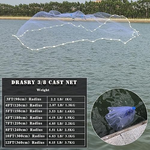 Miniatura 9 de Drasry Red de pesca de agua salada 38 y 14 de malla con plomada gris resistente, monofilamento americano, red de lanzamiento de peces para trampa de
