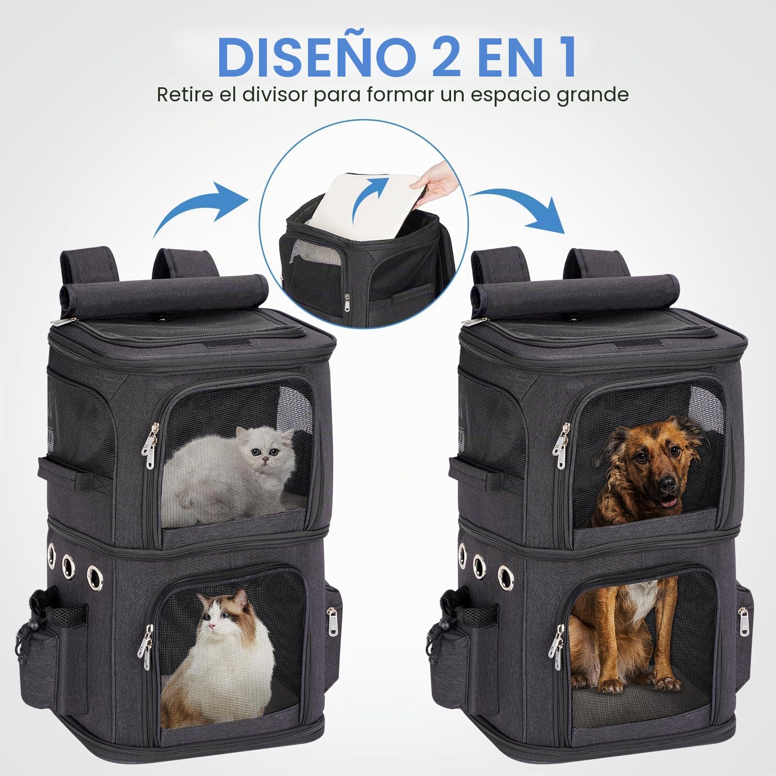 Mochila para 2 Gatos 2 en 1, Doble Compartimento con Divisor Extraíble, Transportín para Gato Grande hasta 12 kg, Portátil para Viajes y Paseos, Negro