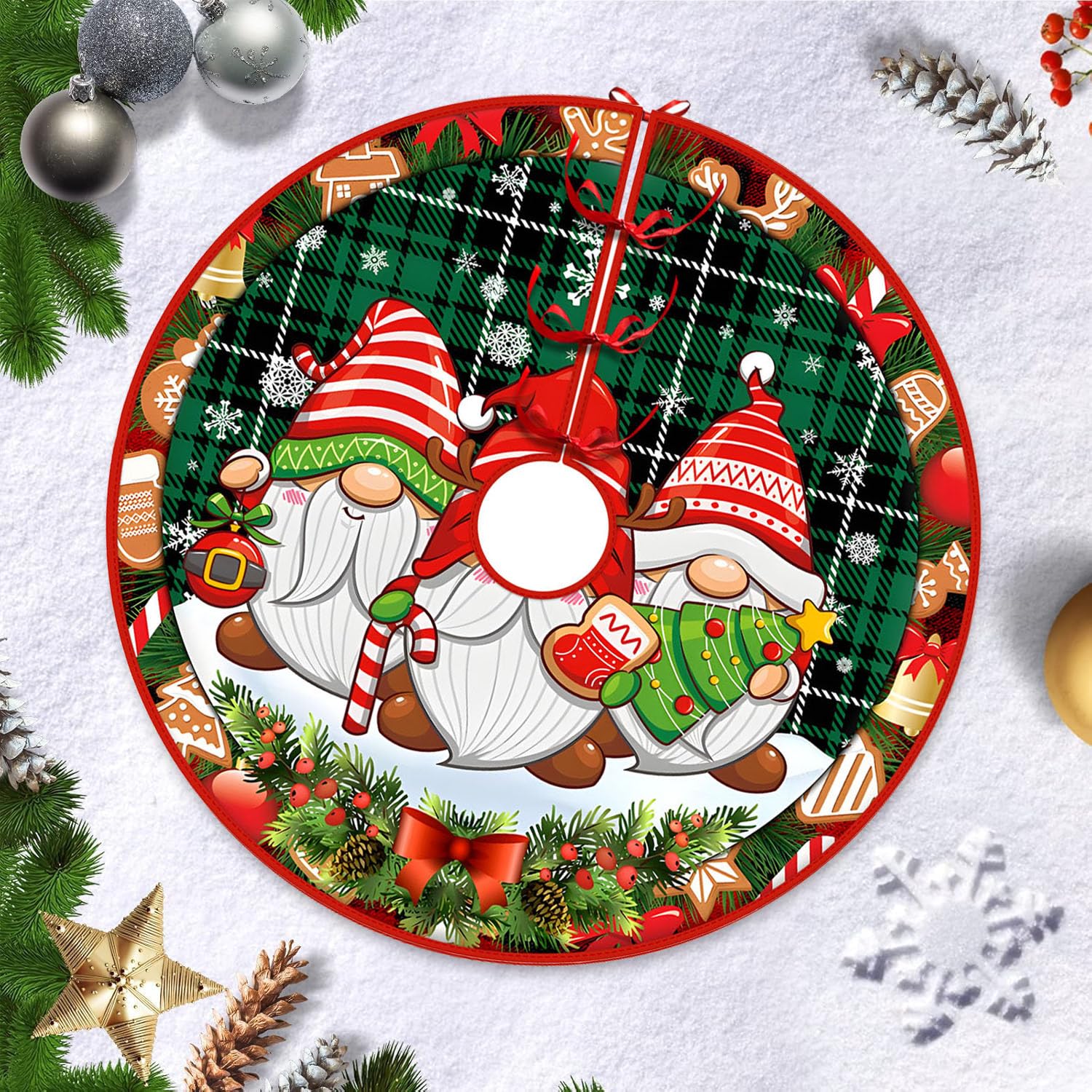 120 Cm Falda De árbol De Navidad Rojo Alfombra, Tapete para Navidad Fiesta De Año Nuevo, (Tres Enanos navideños)