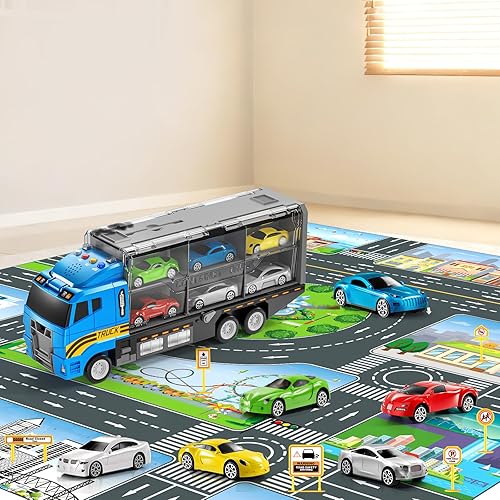 Vista 2 de Juguetes para niños pequeños para niños de 3, 4, 5, 6 años, juego de camión con alfombra de juego y auto de juguete fundido a presión, camión