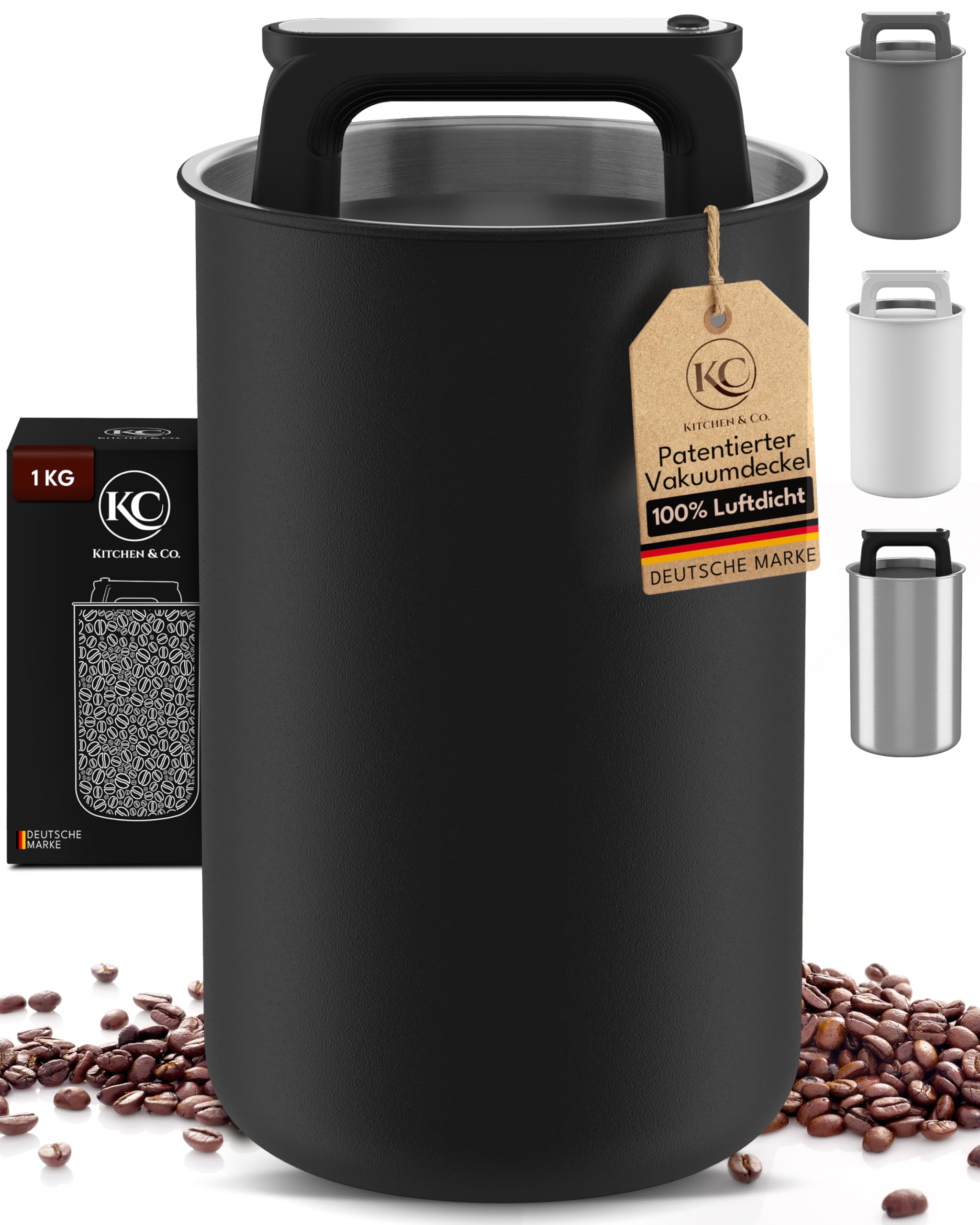 KC Kitchen & Co. Kaffeedose luftdicht für 1 kg Kaffeebohnen – Edelstahl Vorratsdose mit Vakuumdeckel & Aromaverschluss – Aufbewahrungsdose für Kaffee, Tee, Zucker, Müsli Schwarz Matt (2800 ml)