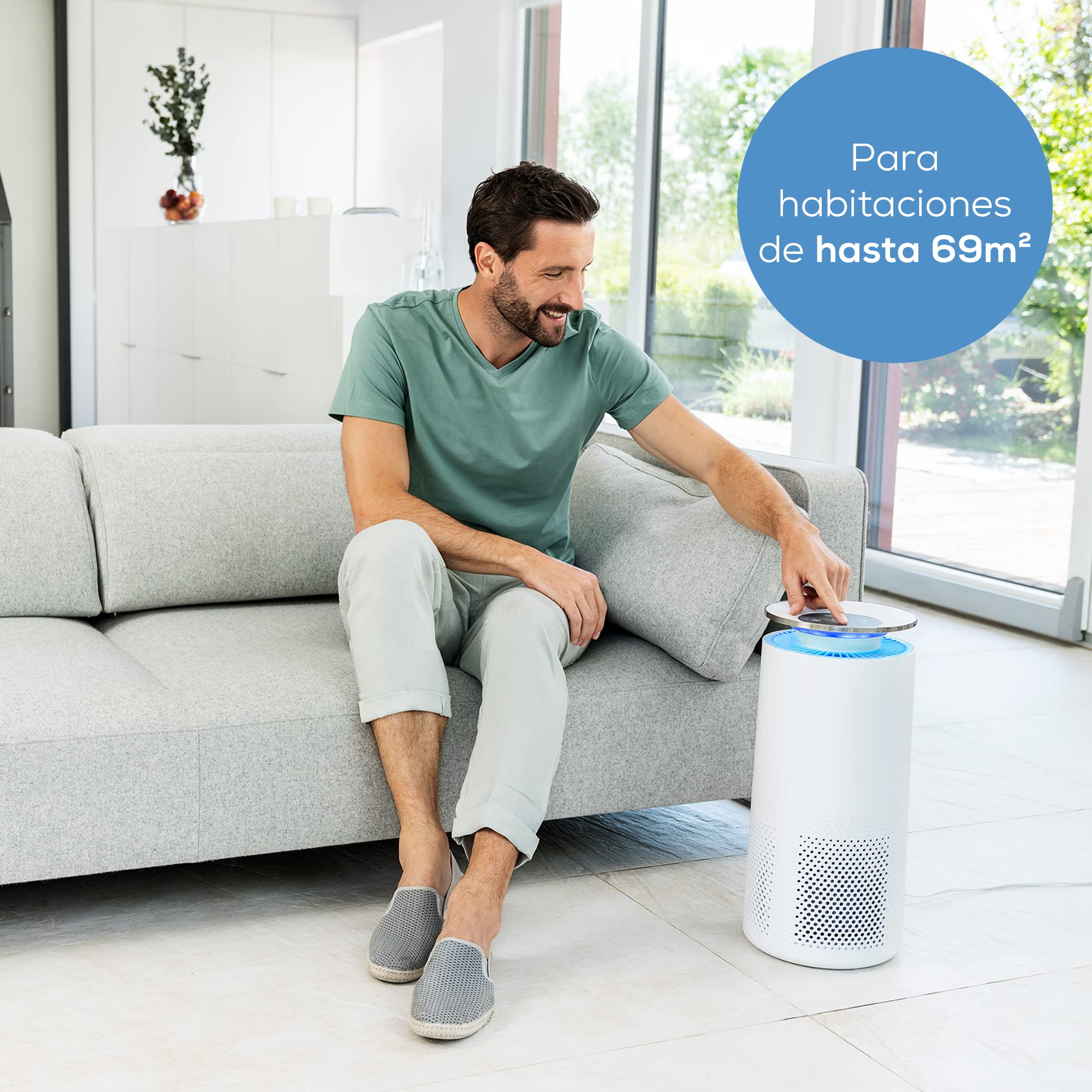 Beurer LR 400 Purificador de aire, control y monitorización del aire de la habitación vía app, sistema de filtro de tres capas y luz ultravioleta conmutable, para habitaciones de hasta 69m²
