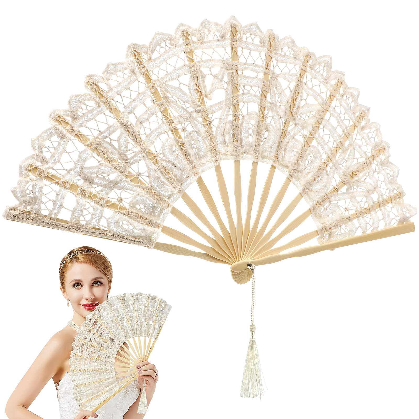 ifundom Premium Vintage Lace Handheld Folding Fan with Grade A Bamboo Ribs, Retro Court Cotton Hand Fan for Women, Elegant Wedding Accessory for Dance Party, Church, Gothic Costume - 50cm(Beige)