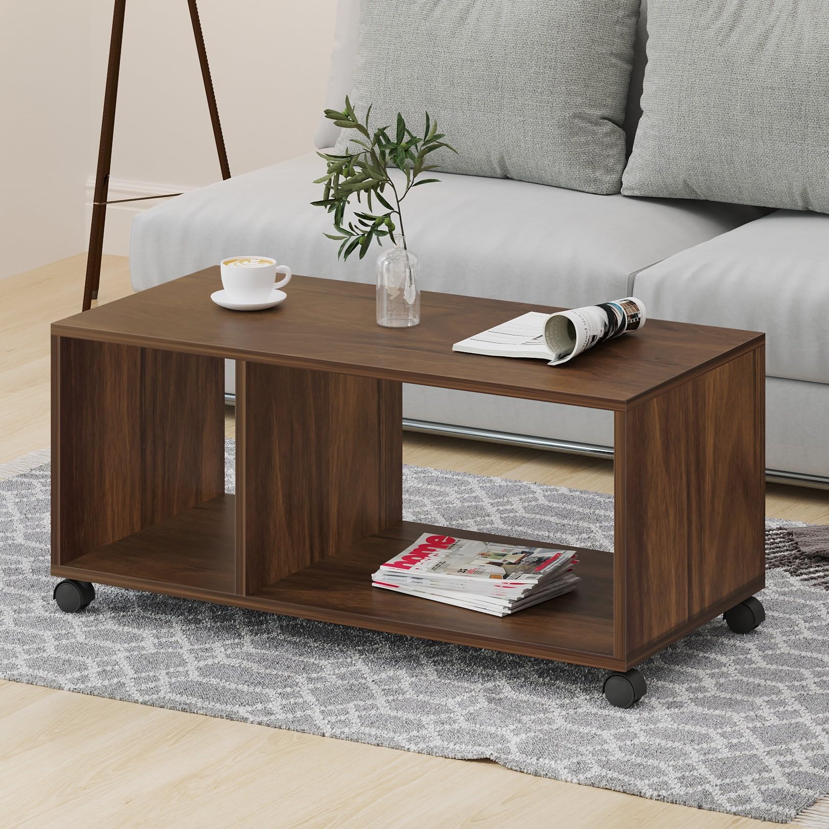 BLUEWUD Taury Engineered Wood Coffee Center Sofa Tea/Teapoy Console Table with Wheels or Casters for Sofa Set Living Room Home Hall Furniture (Brown Maple)