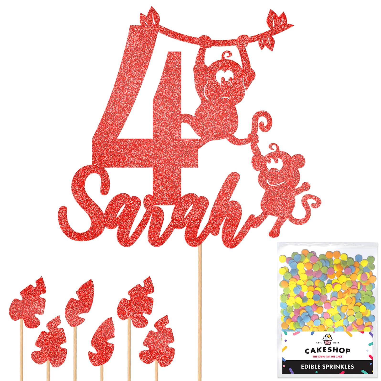 Personalised Birthday Jungle Monkey Glitter Cake Topper- Red Any Custom Age & Name Glitter Cake Decoration and Sprinkles - Happy Birthday Decorations - Personalised Toppers for Cakes by Cakeshop