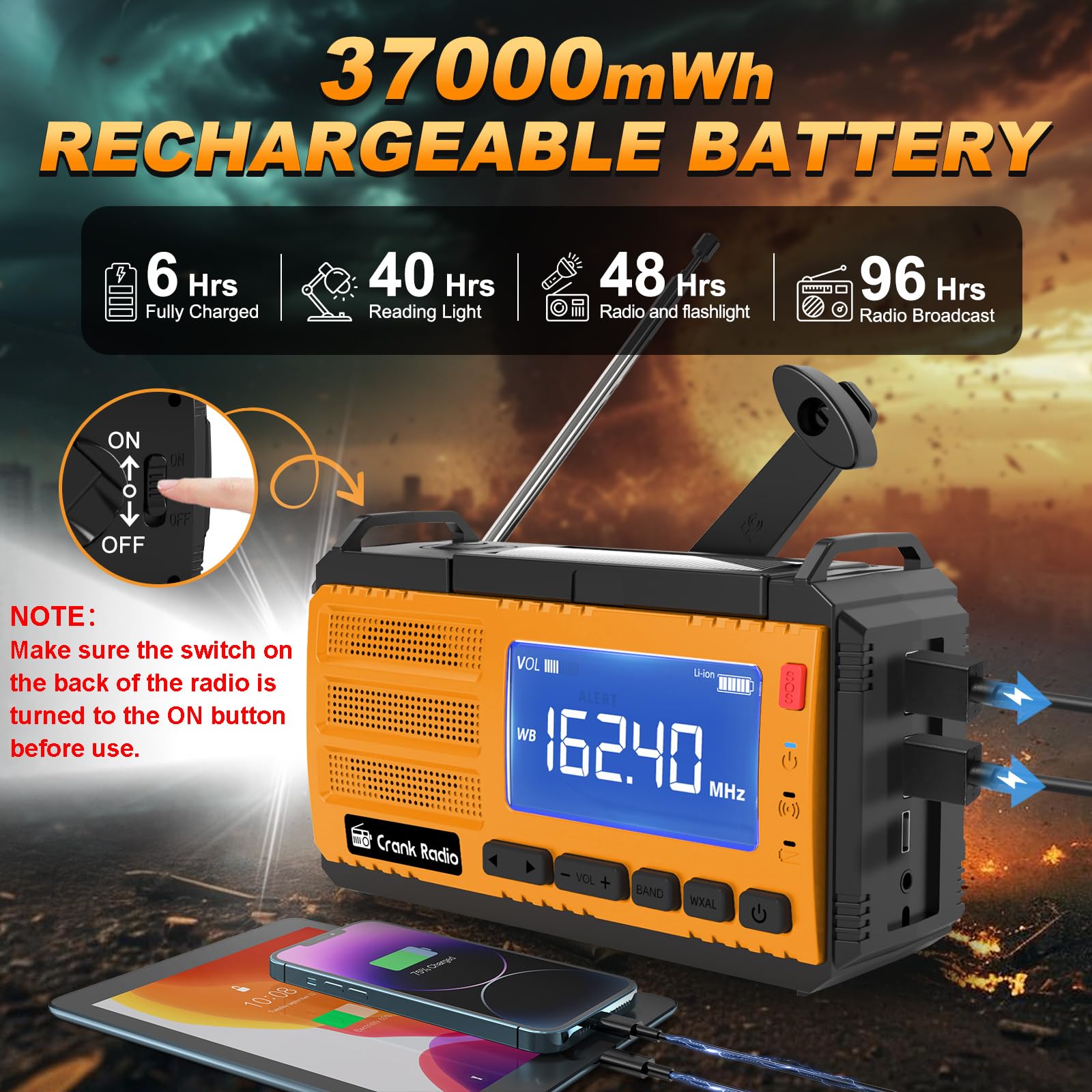 Hand Crank Emergency Radio 7400mWh (2000mAh) Solar Hand Crank Radio Built in 3 Charging Cables AM/FM/NOAA Weather Radio Battery Operated Hand Crank Charger for Emergency Supplies Survival Gear