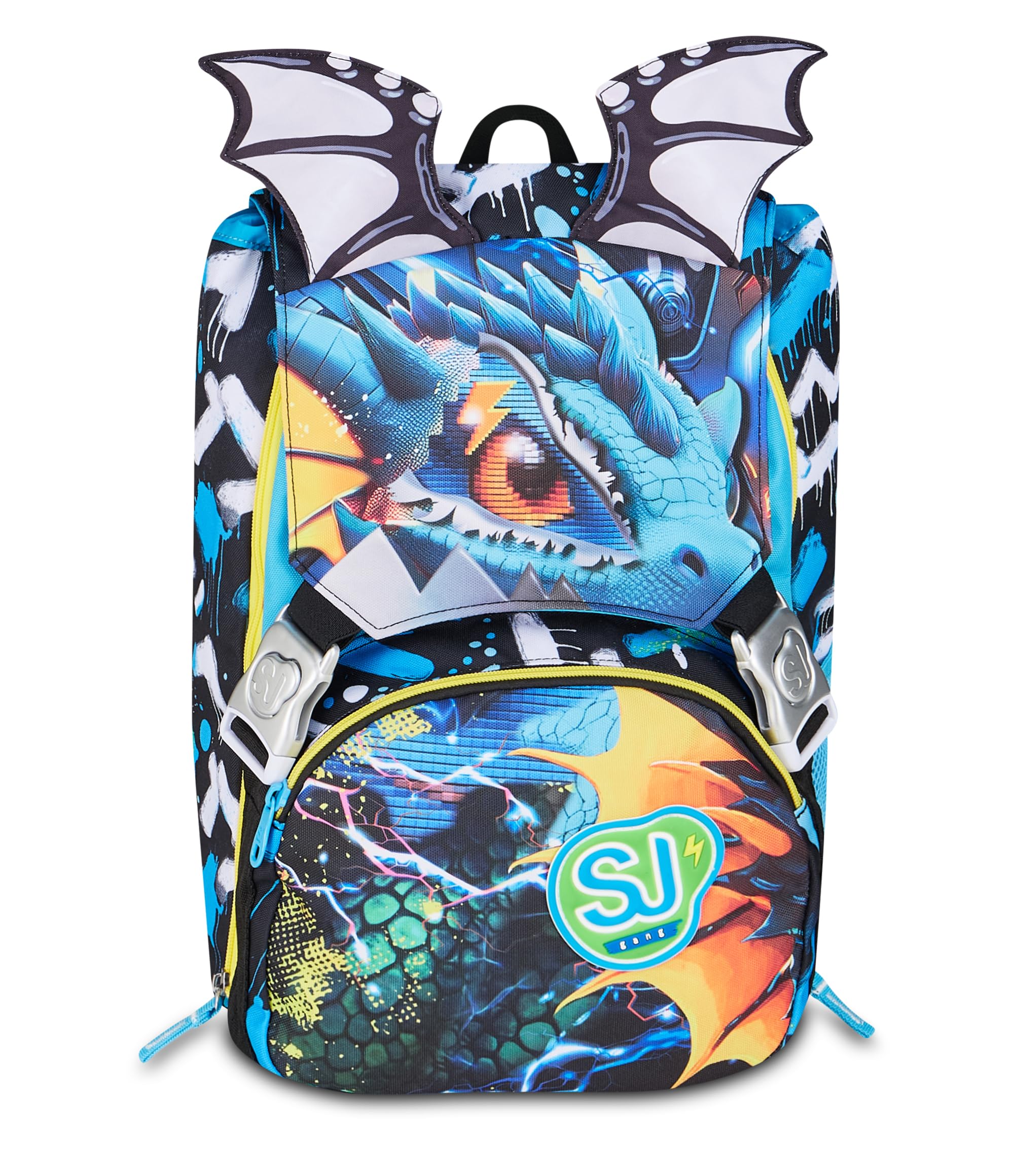 SJ GANG STYLE JAM GANG Zaino Scuola Estensibile Big METAL DRAGON BOY, Blu, 24 L, Zip laterali, ali drago sollevabili, Tasca portaborraccia, Scuola elementare e media, Bambino, Ragazzo