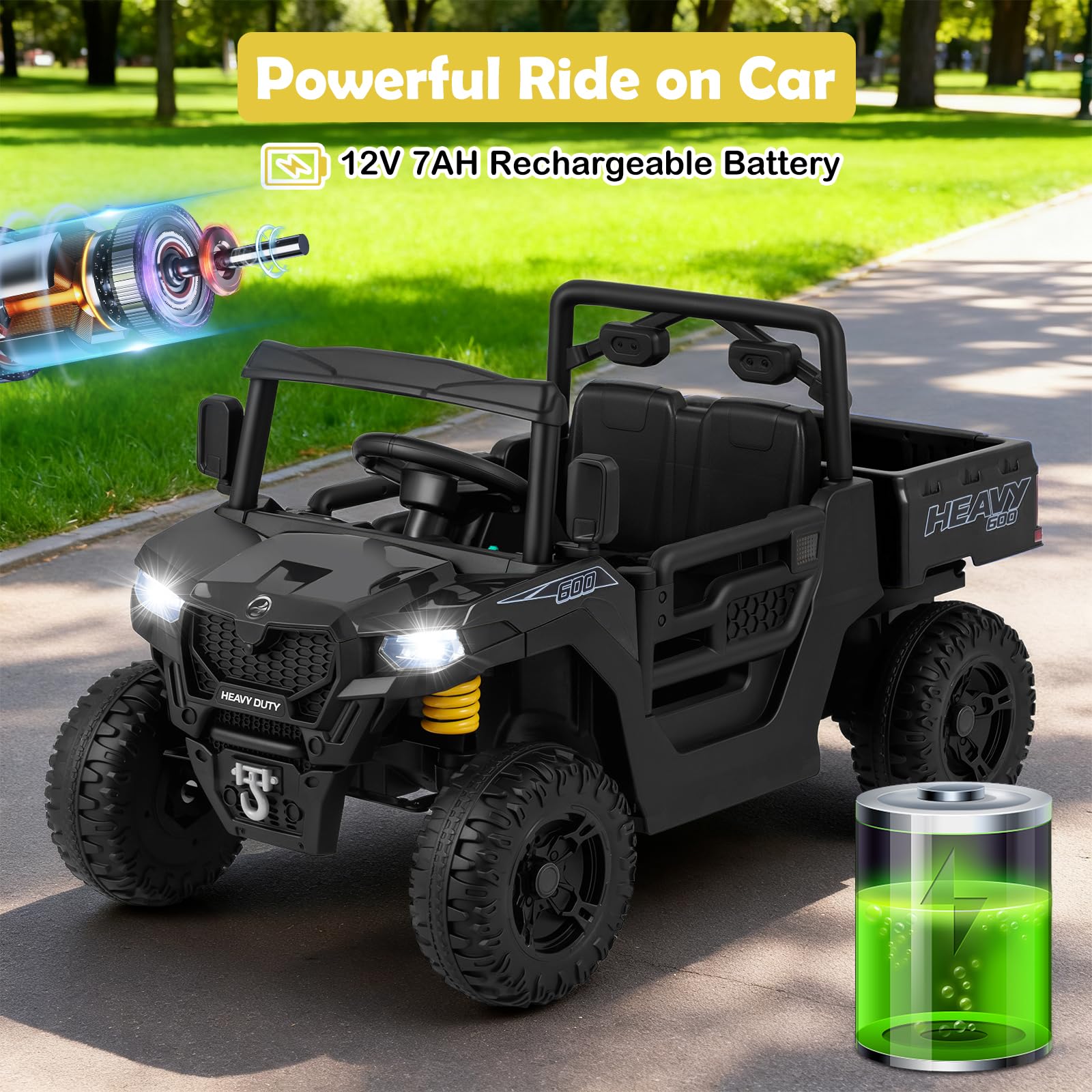 FANTASK Kinder Elektroauto 12V, Kinderauto mit elektrischer Kippmulde Fernbedienung, Kinderfahrzeug mit Musik Geschichten LED Licht Federung für Kinder ab 3 Jahren, Schwarz