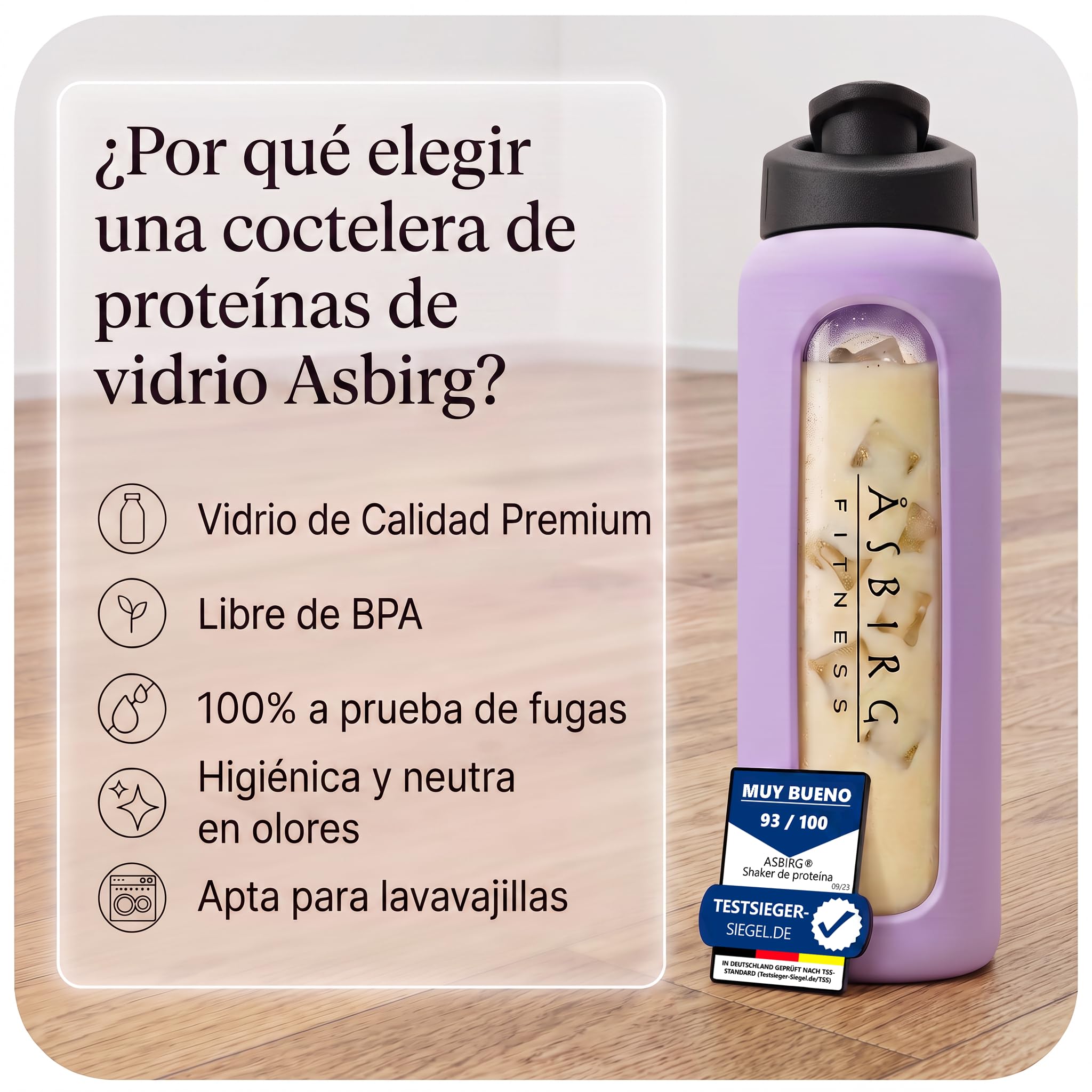 Pack de 3 mezcladores de proteínas de cristal Violeta, verde pastel y beige – Sin BPA, sabor neutro - Con bola espiral