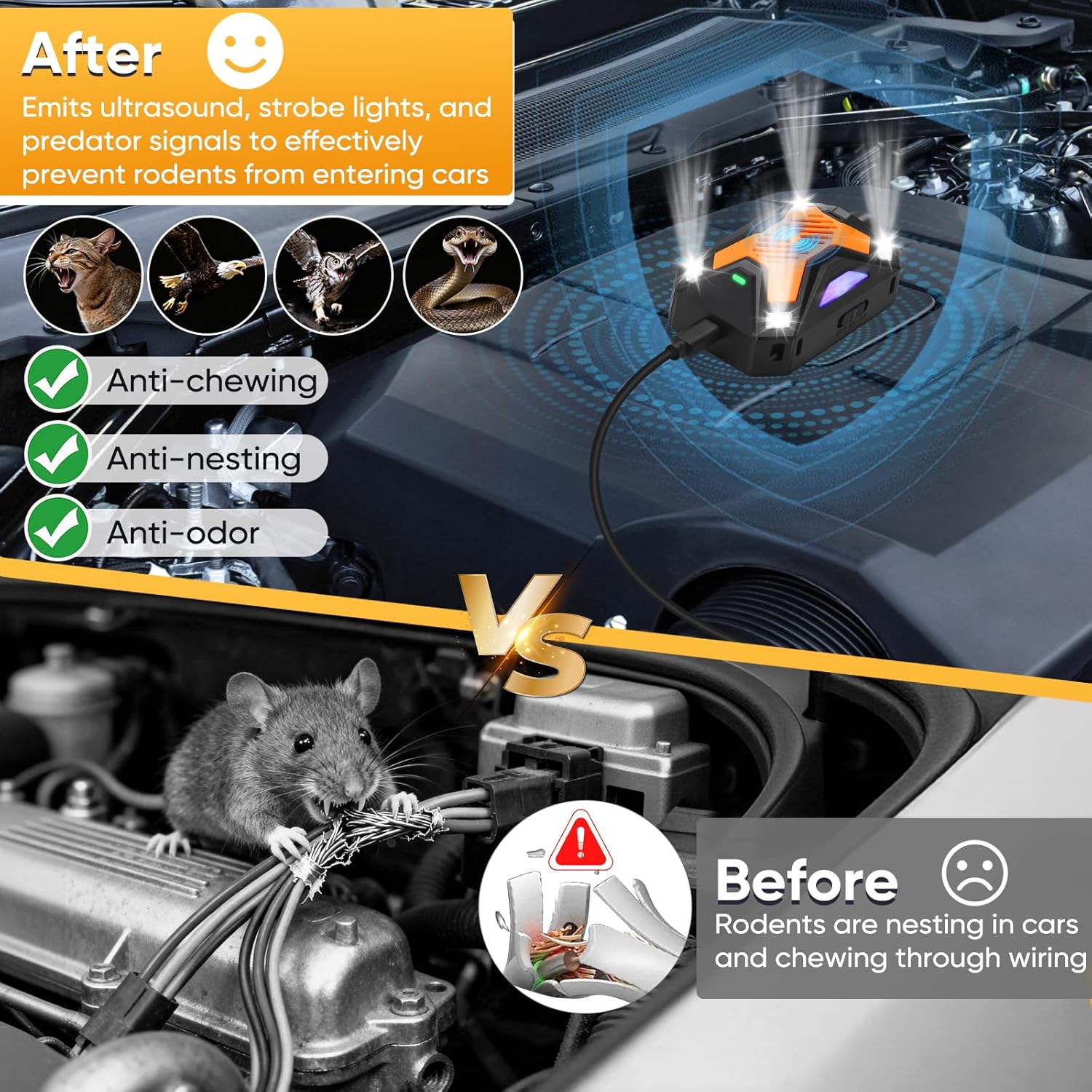Rodent Repellent for Car Engines, Ultrasonic Pest Repeller Mouse Bat Squirrel Rat Repellent, USB & Car Power Supply, Keep Mice Away from Vehicle Garage Room Indoor (Orange)