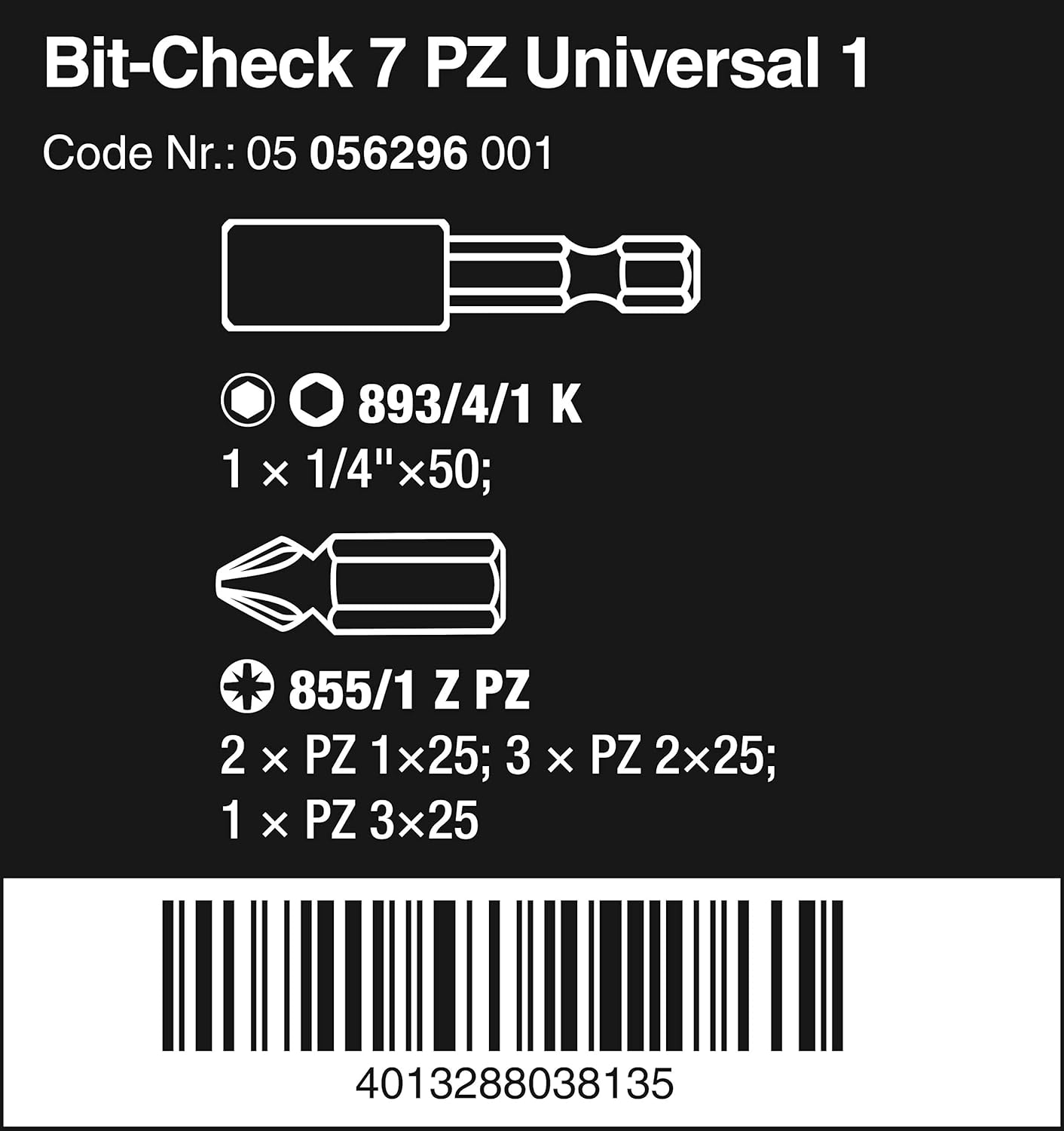 WERA 05056296001 Mini-Check Set Extra-Tough for Drill/Drivers, Pozidriv 7pc