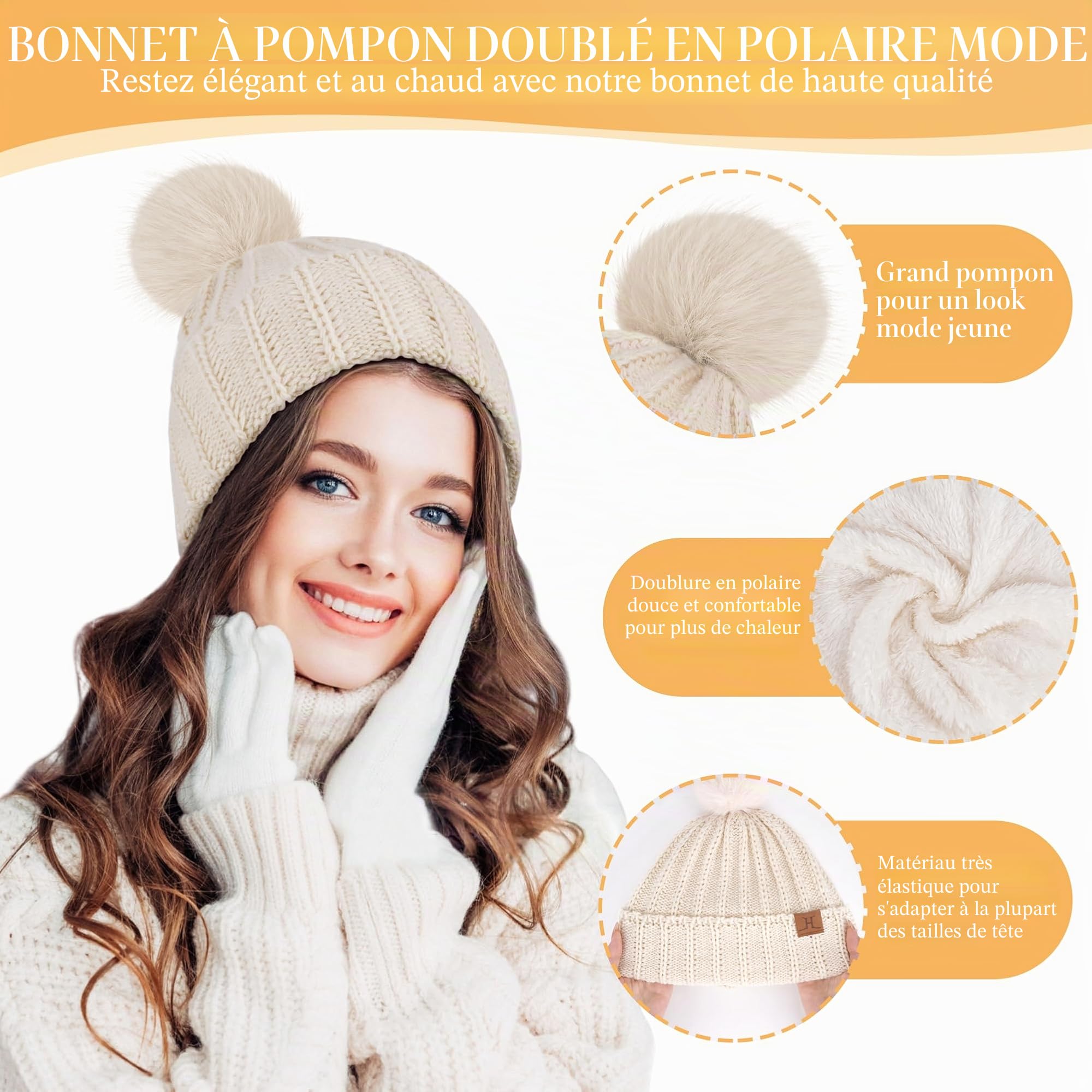 ZASFOU Femme Hiver Bonnet Chapeau Foulard Écran Tactile Gants Tricot Torsadé Ensemble Pompon Polaire Doublé Casquette Écharpe Gant Cadeaux Femmes