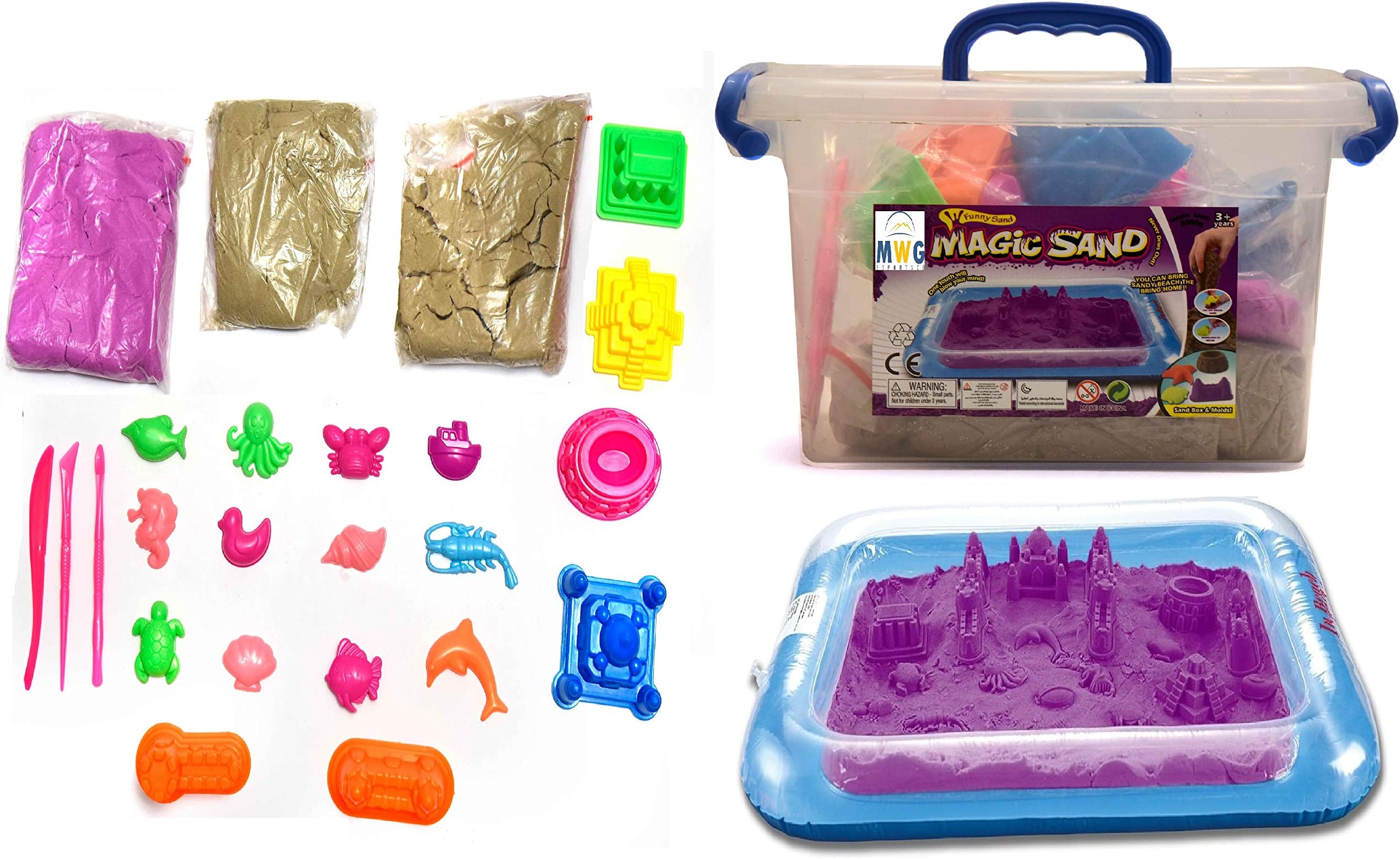 MWG Exports Co2KG Play Sand Magic Clay Household Toys for Kids with Inflatable Tray, Molds and Storage Box