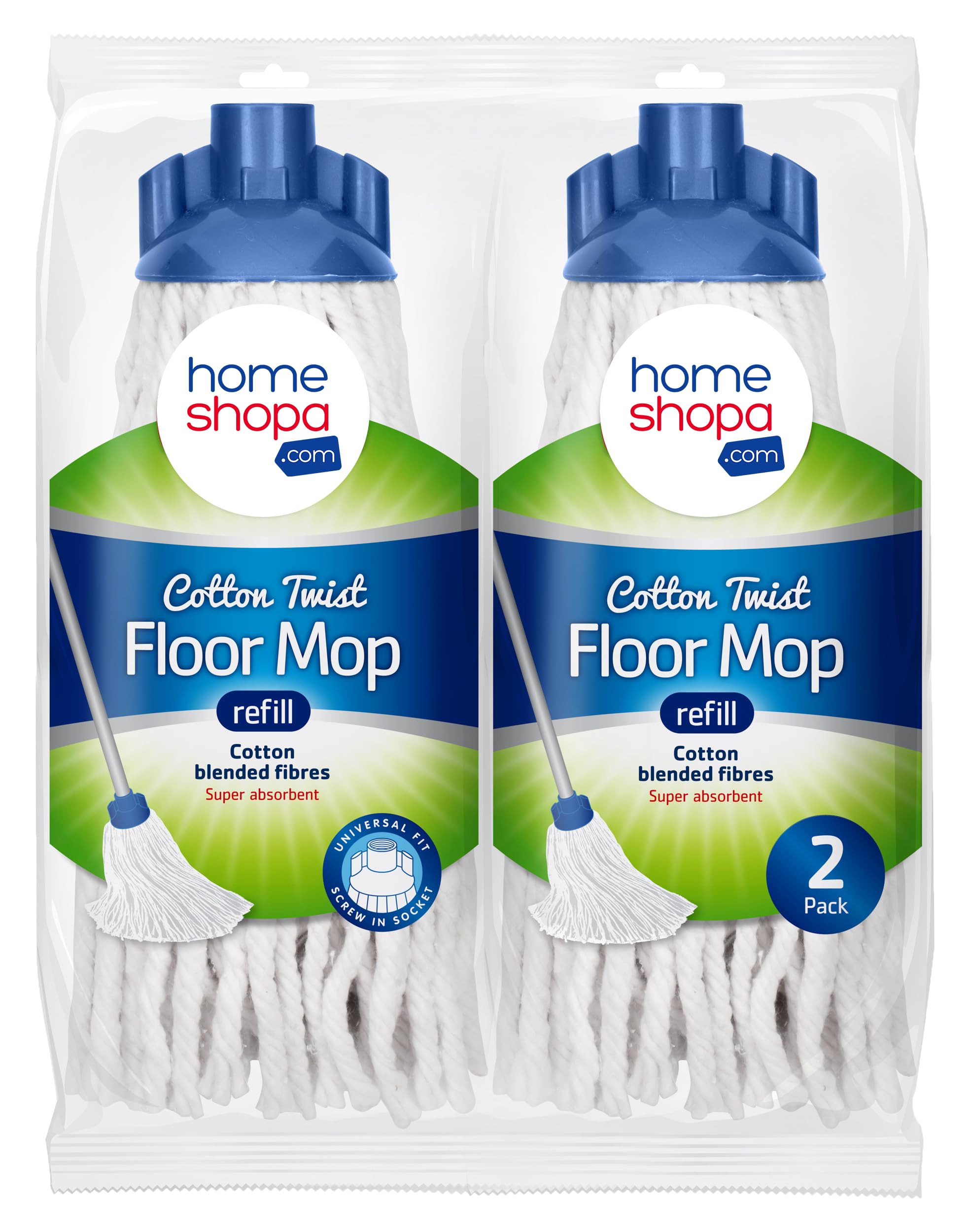 Homeshopa.com White/Blue Homeshopa 2 Pack Mop Replacement Refill, Twist Lock Mop Head With A Plastic Socket, Super Absorbent Wet & Dry Floor Cleaning Heavy Duty For Domestic & Commercial Use