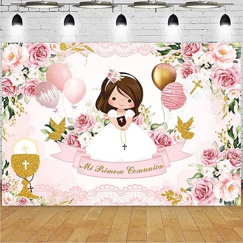 Mi Primera - Fondo de fotografía de comunión para niños, bautizo, fiesta, globos florales, telón de fondo para decoración de baby shower, niños y disponible en Yaxa Peru