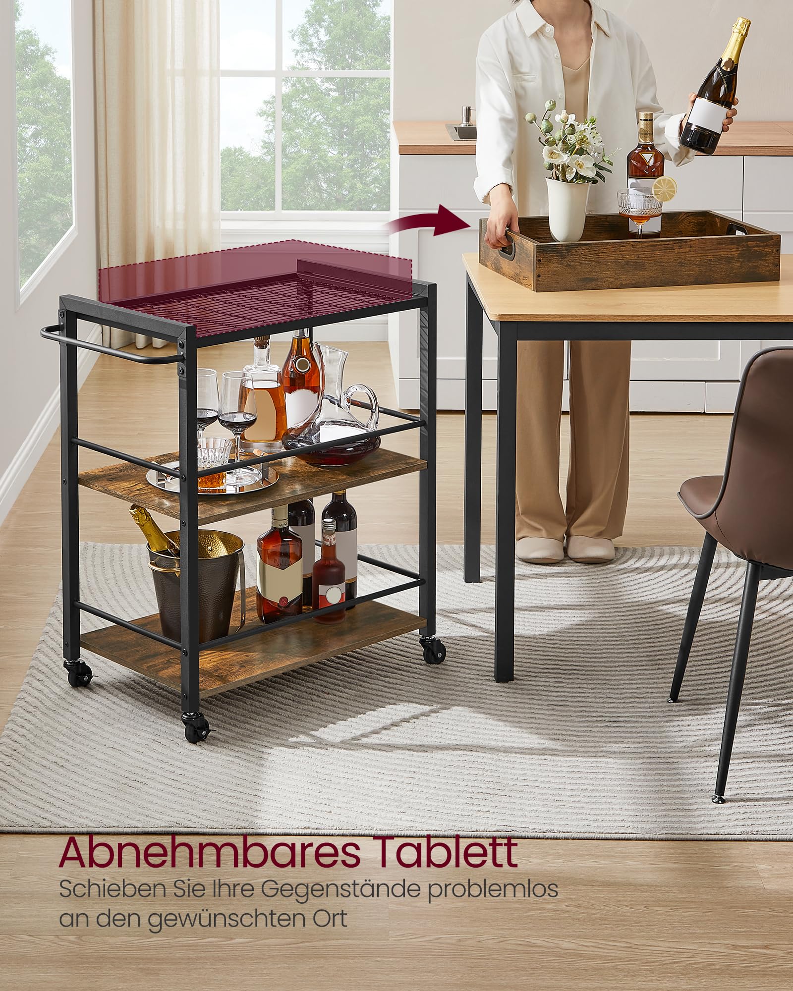 VASAGLE Servierwagen, Küchenwagen, abnehmbares Tablett, mit verstellbaren Füßen und Rollen, Küchenregal, Stahlrahmen, 40 x 72 x 86 cm, Industrie-Design, vintagebraun-schwarz LRC72X