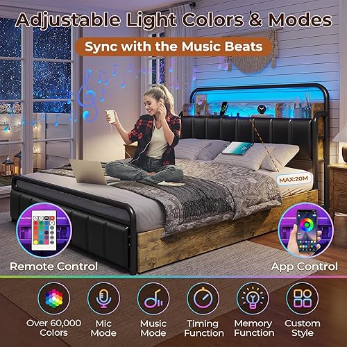 Miniatura 5 de Hasuit Base de cama Queen con cabecera de almacenamiento y espacio oculto, base de cama de plataforma LED con 4 cajones, cabecera tapizada con