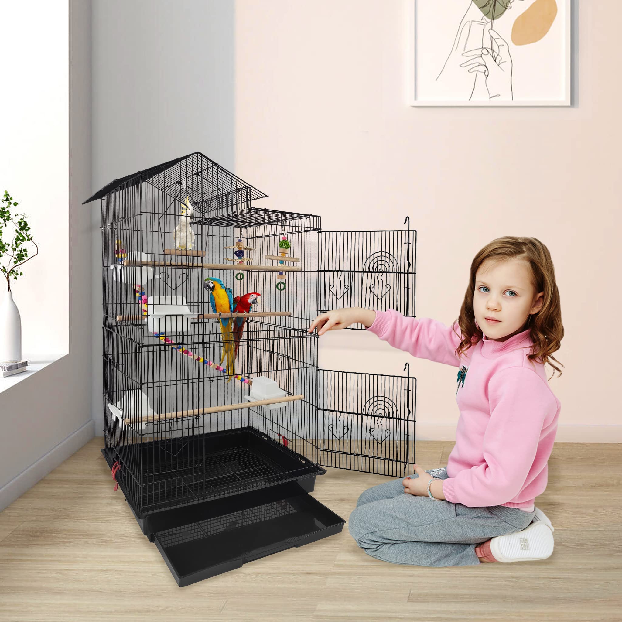 Aufun Gabbia per pappagalli in metallo, gabbia per uccelli con giocattoli per uccelli, 46 x 36 x 99 cm | Grande voliera per uccelli, per pappagalli, pappagalli, canarini, con altalena, scala per uccelli e mangiatoia per uccelli
