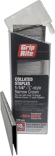 Grapas de acero inoxidable Grip Rite Prime Guard MAXB64888 de calibre 18 de 14" corona estrecha por 1  14" 304 en caja de clip para cinturón