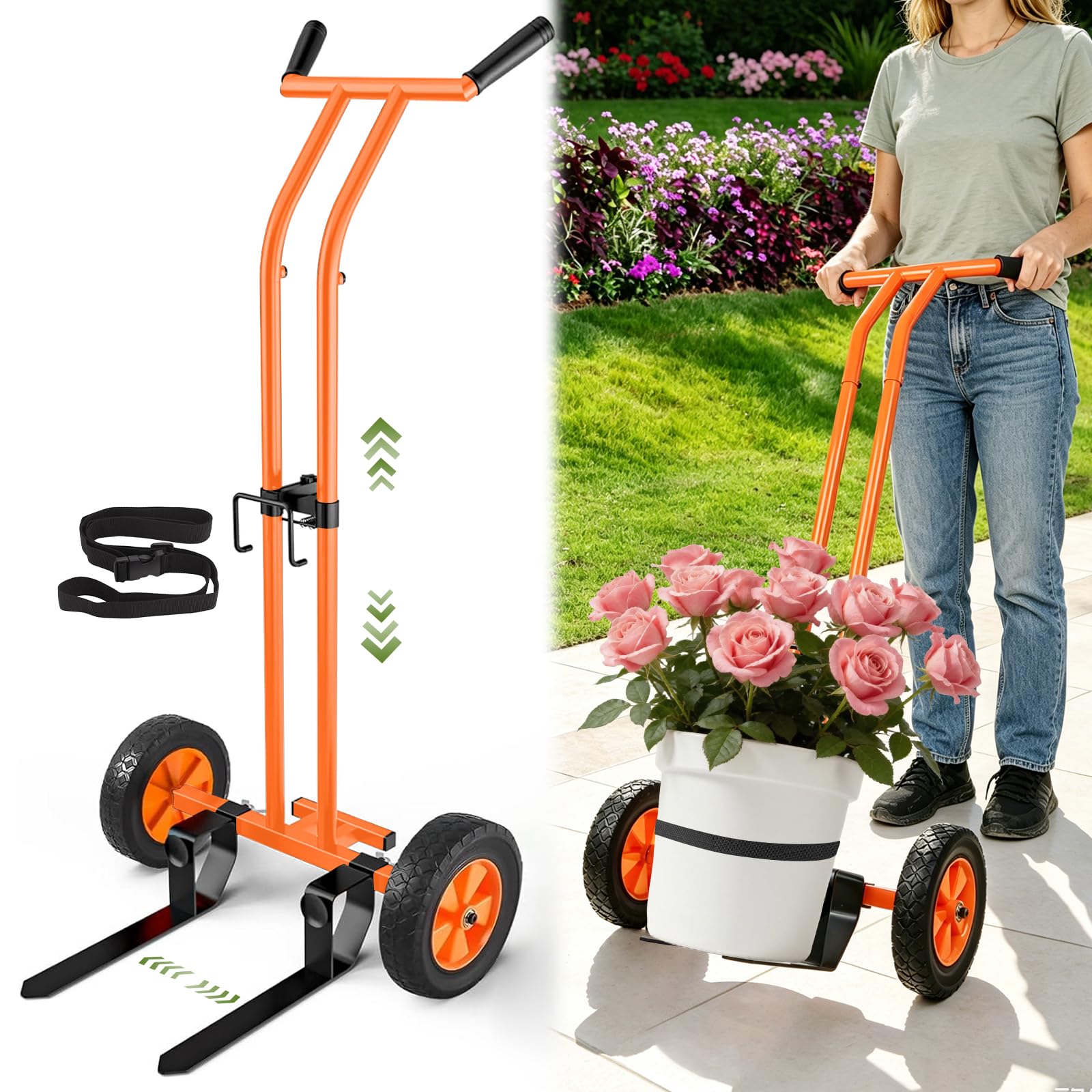 Poiyham Rolling Plant Caddy with Wheels, 187LBS Heavy Duty Plant Dolly, Potted Plant Mover with Adjustable Grabbing Arm & Suction Cups, Garden Pot Mover Trolley Cart with Strap, Indoor & Outdoor Use