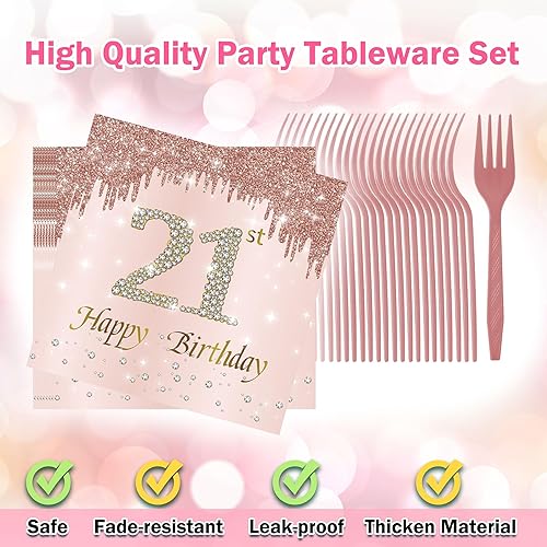 Miniatura 9 de Decoraciones de cumpleaños 60 para mujer, 96 platos y servilletas de decoración de cumpleaños 60, platos de oro rosa, suministros de fiesta,
