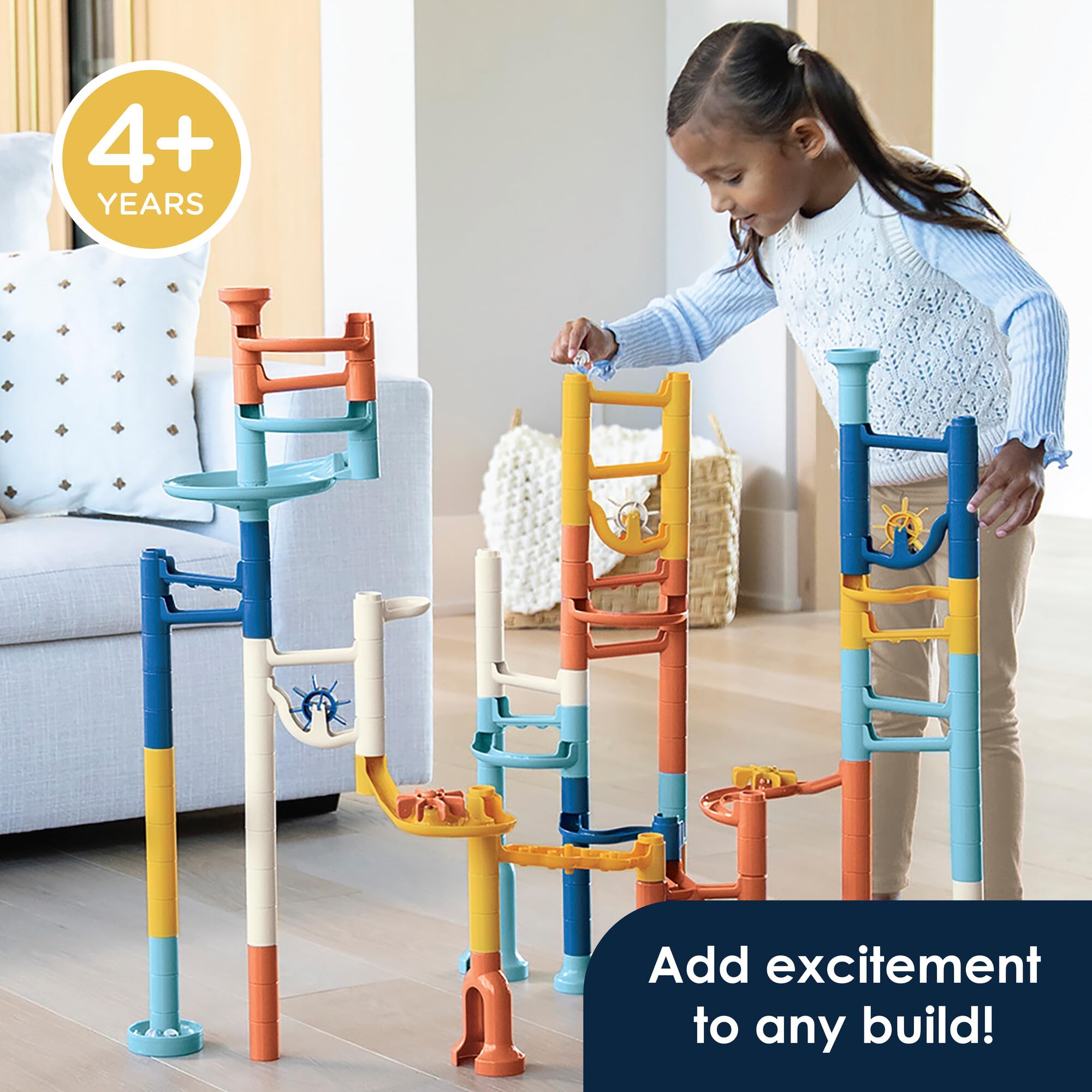 MindWare Kugelbahn - Neutrale Farben | 103-teiliges Kugelbahn-Set mit 20 Murmeln | STEM Konstruktionsspielzeug für Kinder