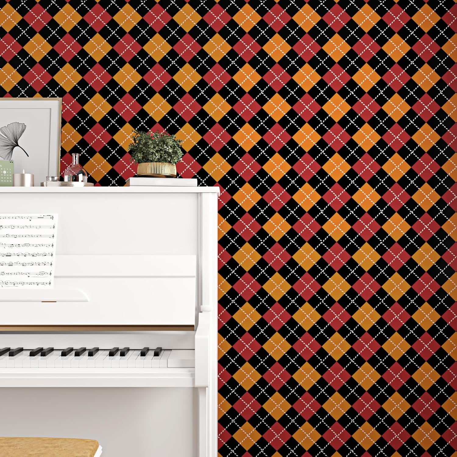 Retro Geometric Wallpaper Peel and Stick Black Red Orange Checkered Contact Paper Colorful Funky Checkered Wallpaper for Bedroom Nursery Cabinets Shelf Liner Removable Paper 17.5×102.3''